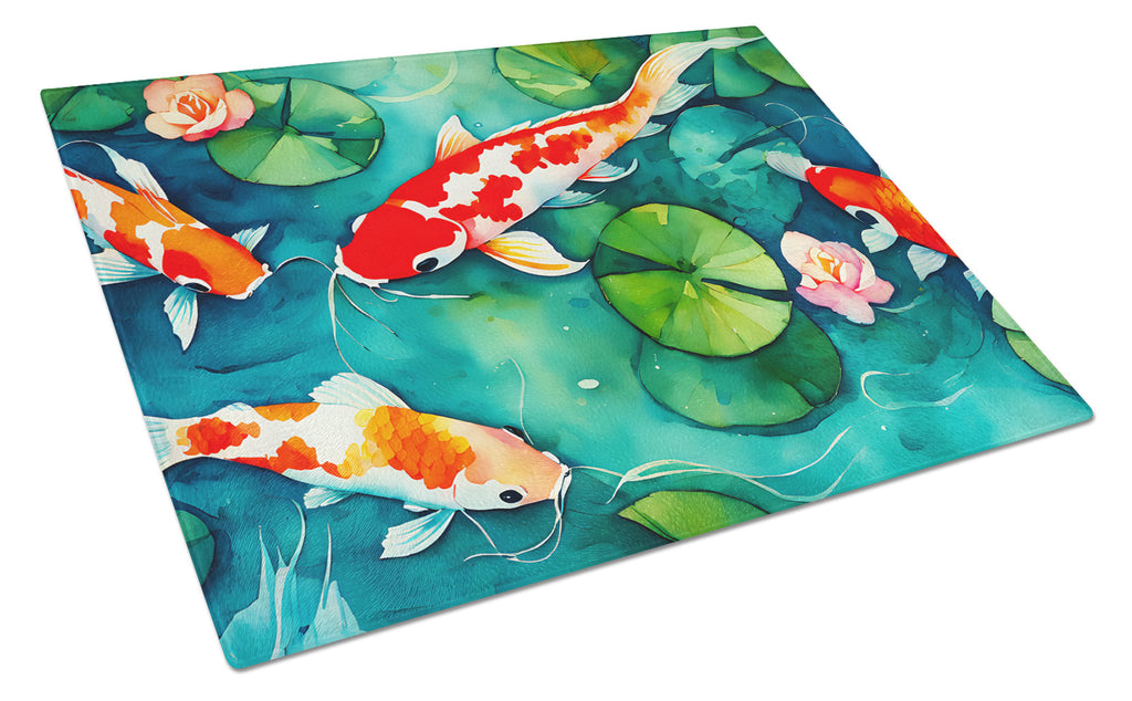 Koi Fish Cutting Board Tempered Glass Kitchen Cutting Surface, Heat Resistant Chopping, Non-Slip Feet, Food Prep & Serving