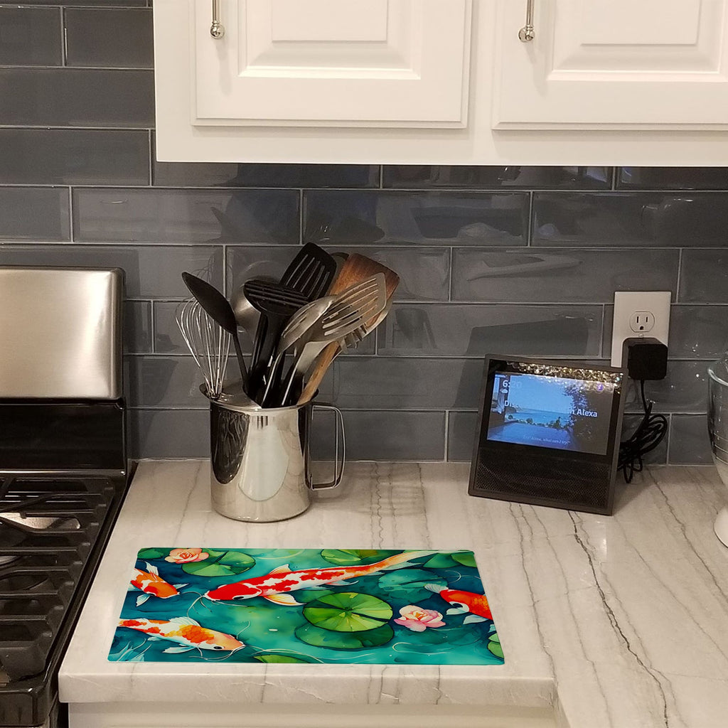 Koi Fish Cutting Board Tempered Glass Kitchen Cutting Surface, Heat Resistant Chopping, Non-Slip Feet, Food Prep & Serving