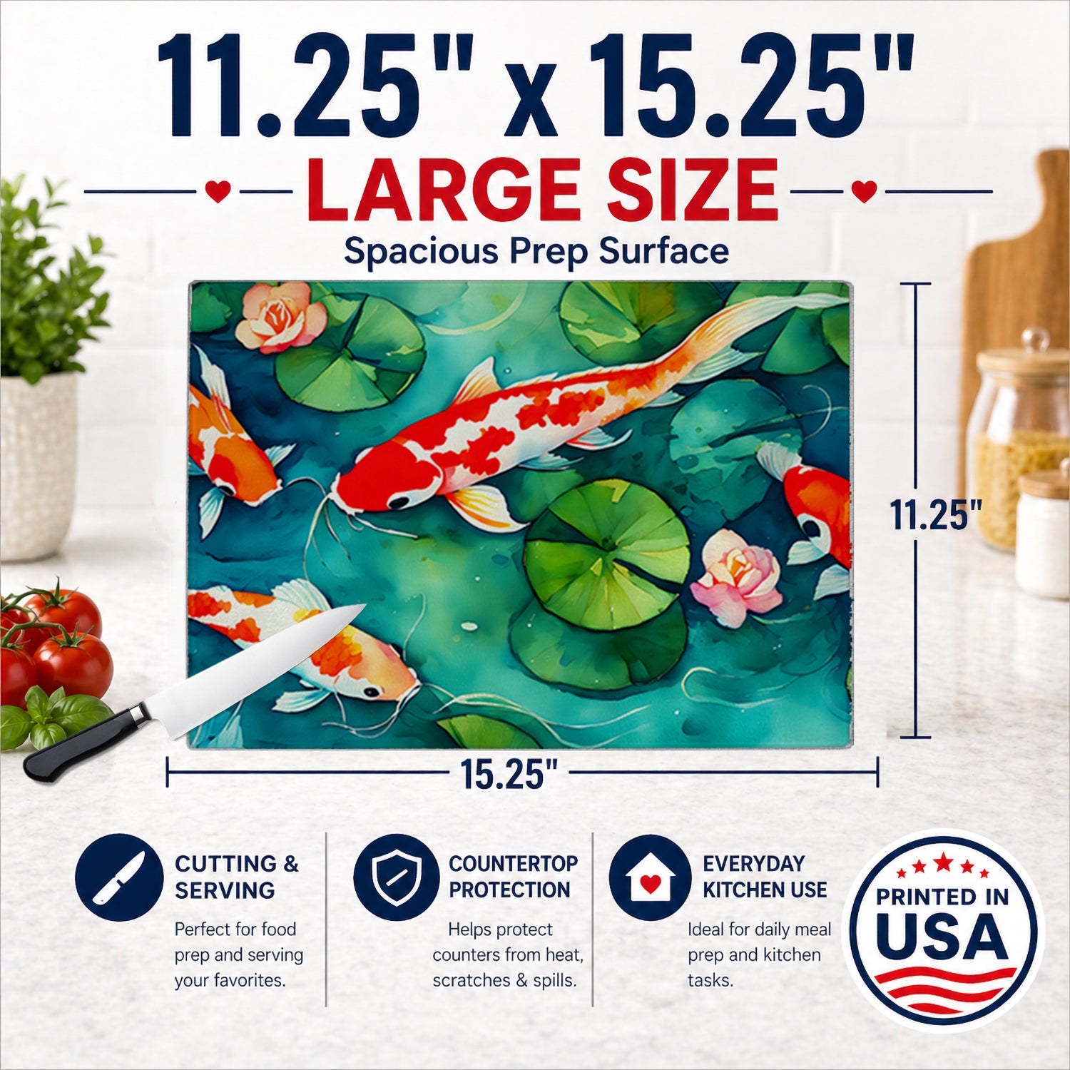 Koi Fish Cutting Board Tempered Glass Kitchen Cutting Surface, Heat Resistant Chopping, Non-Slip Feet, Food Prep & Serving