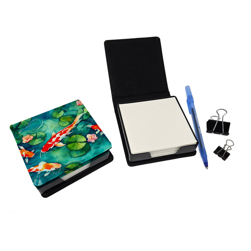 Koi Fish PU Leather Note Paper Holder with Artist-Designed Cover, Desk Accessory, Office Gift