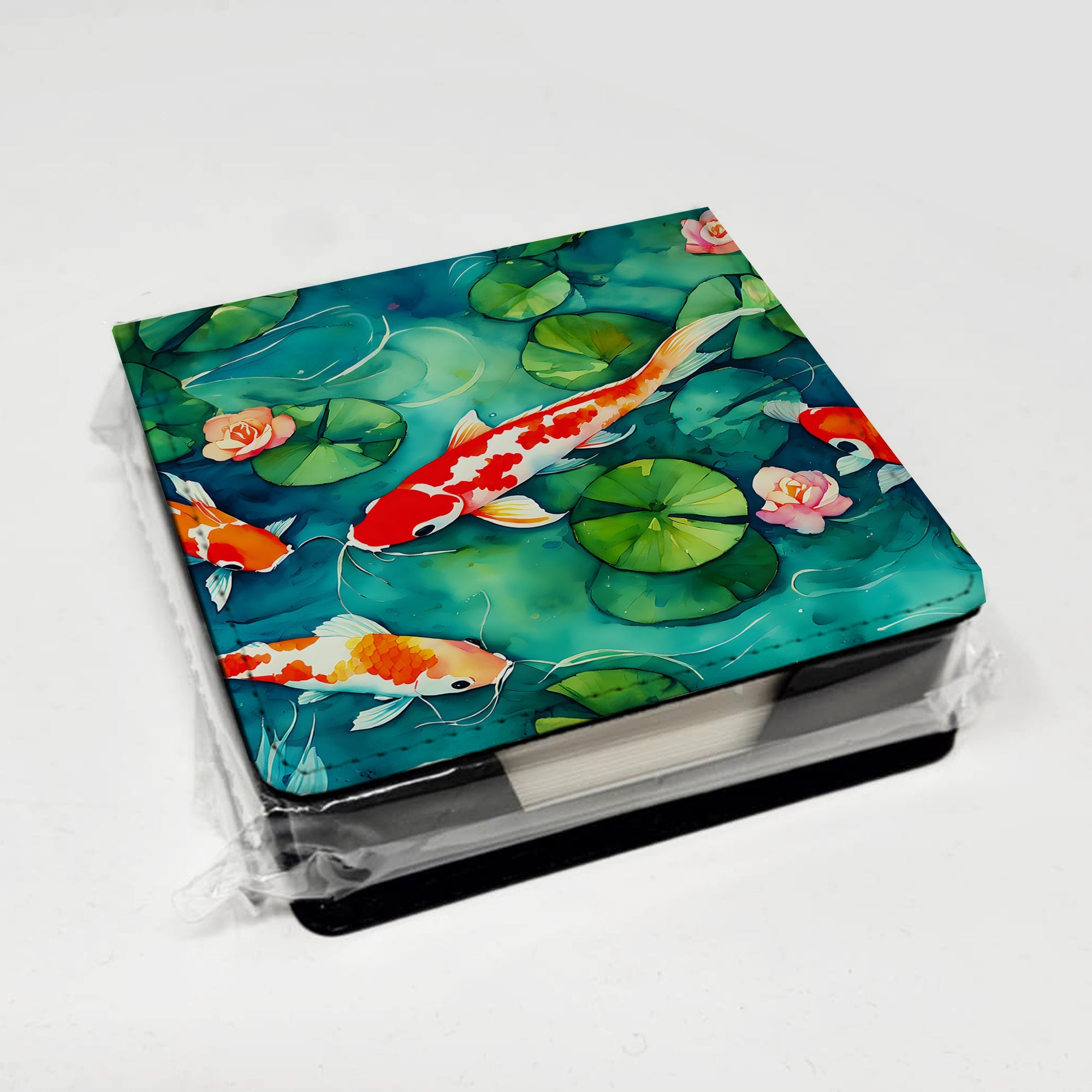 Koi Fish PU Leather Note Paper Holder with Artist-Designed Cover, Desk Accessory, Office Gift
