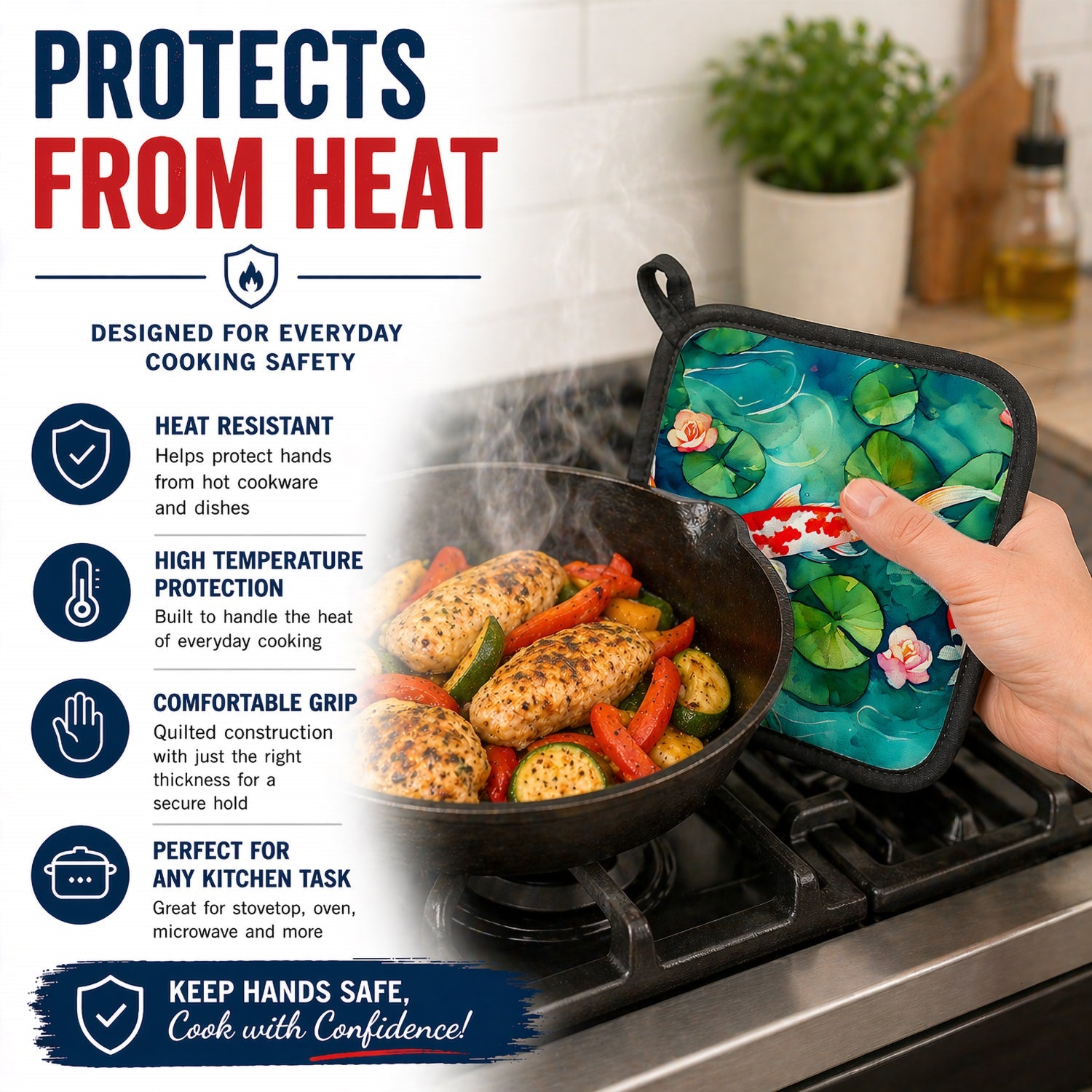 Koi Fish Pot Holder Set of 2 Heat Resistant Quilted Hot Pads 7.5 x 7.5 Inch, Insulated Kitchen Trivets for Cooking & Baking