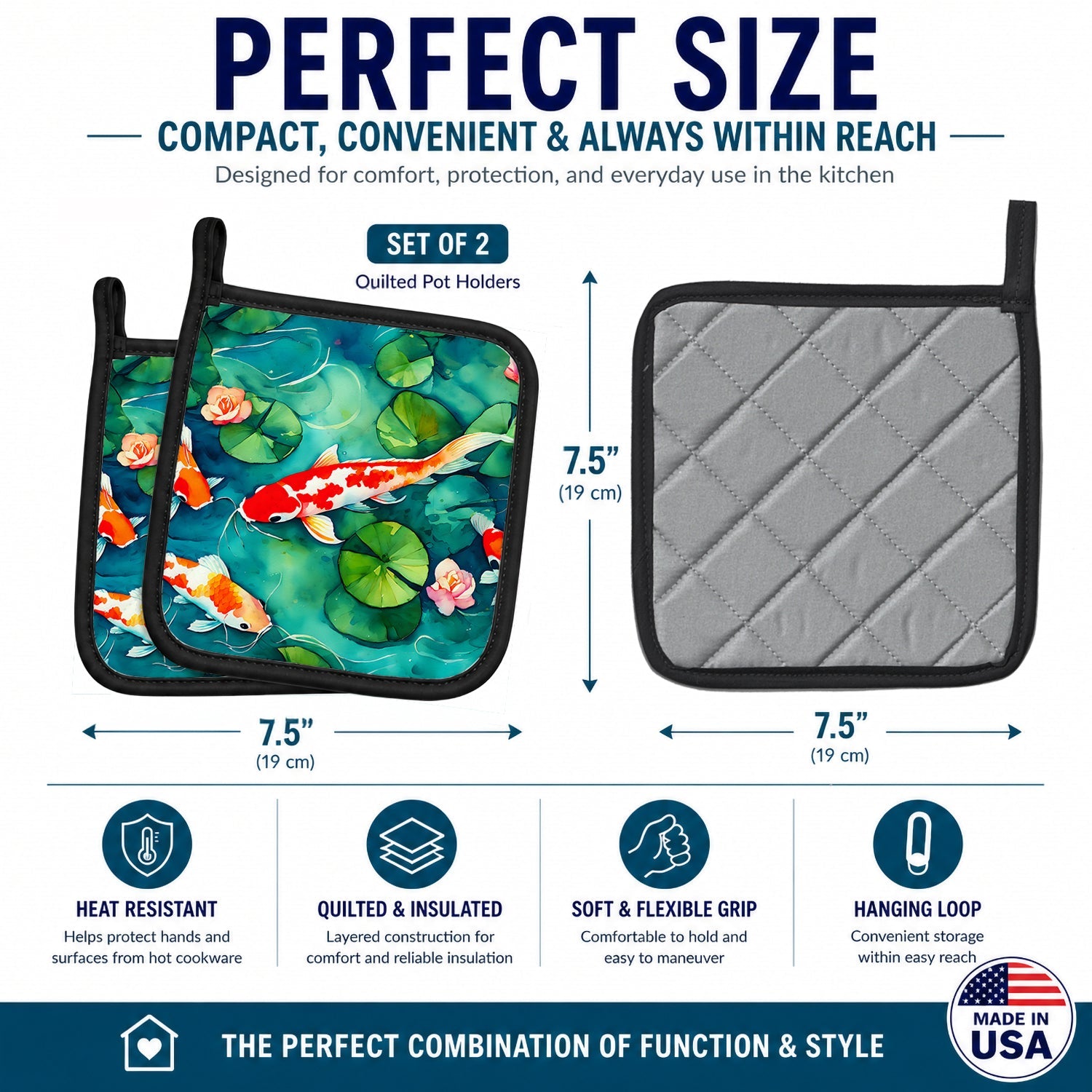 Koi Fish Pot Holder Set of 2 Heat Resistant Quilted Hot Pads 7.5 x 7.5 Inch, Insulated Kitchen Trivets for Cooking & Baking