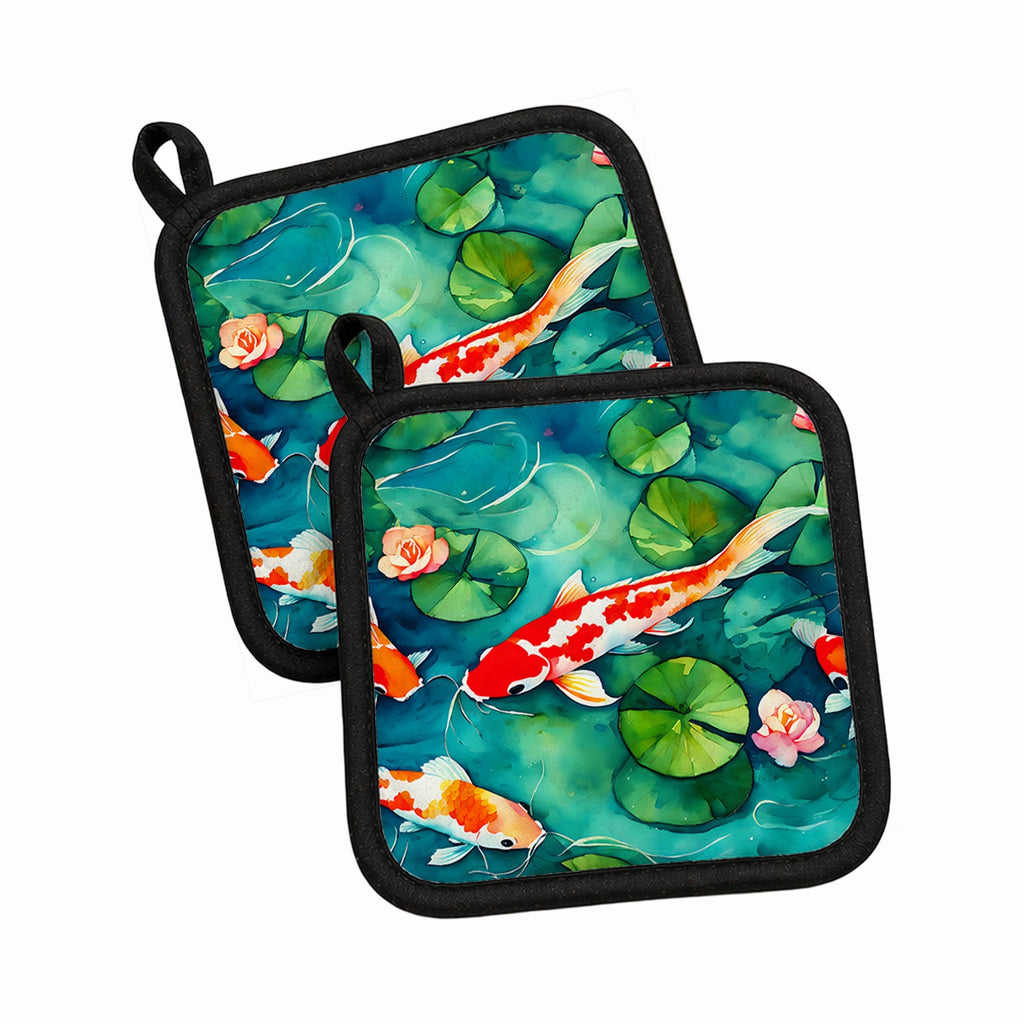 Koi Fish Pot Holder Set of 2 Heat Resistant Quilted Hot Pads 7.5 x 7.5 Inch, Insulated Kitchen Trivets for Cooking & Baking