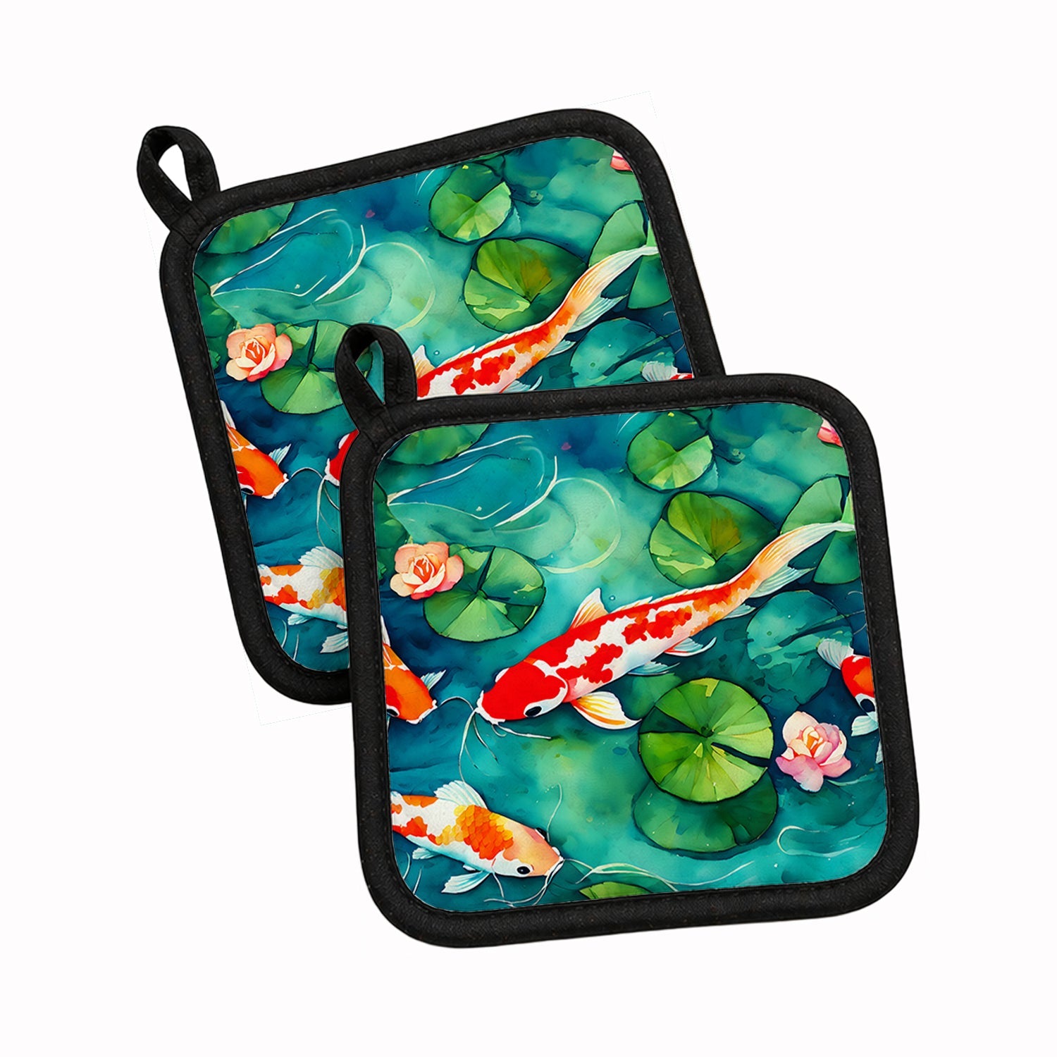 Koi Fish Pot Holder Set of 2 Heat Resistant Quilted Hot Pads 7.5 x 7.5 Inch, Insulated Kitchen Trivets for Cooking & Baking