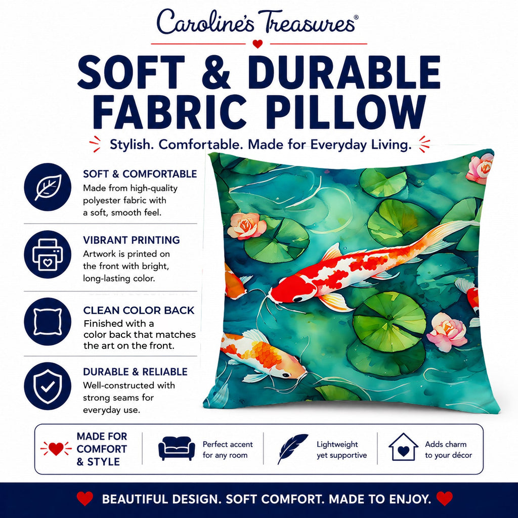 Koi Fish Decorative Throw Pillow 14x14 Indoor Outdoor Accent Cushion, Fabric Cover with Insert for Sofa, Bed, Porch & Living Room