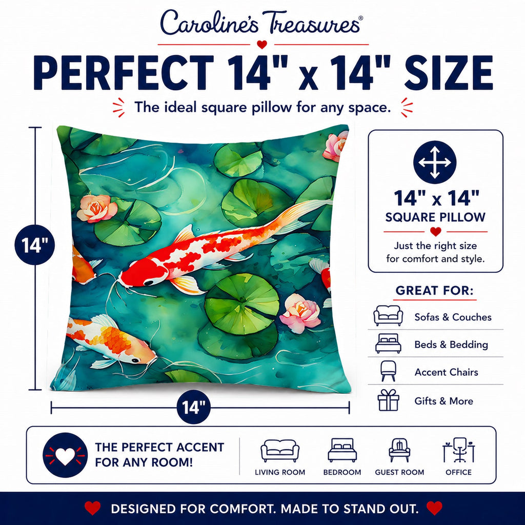 Koi Fish Decorative Throw Pillow 14x14 Indoor Outdoor Accent Cushion, Fabric Cover with Insert for Sofa, Bed, Porch & Living Room