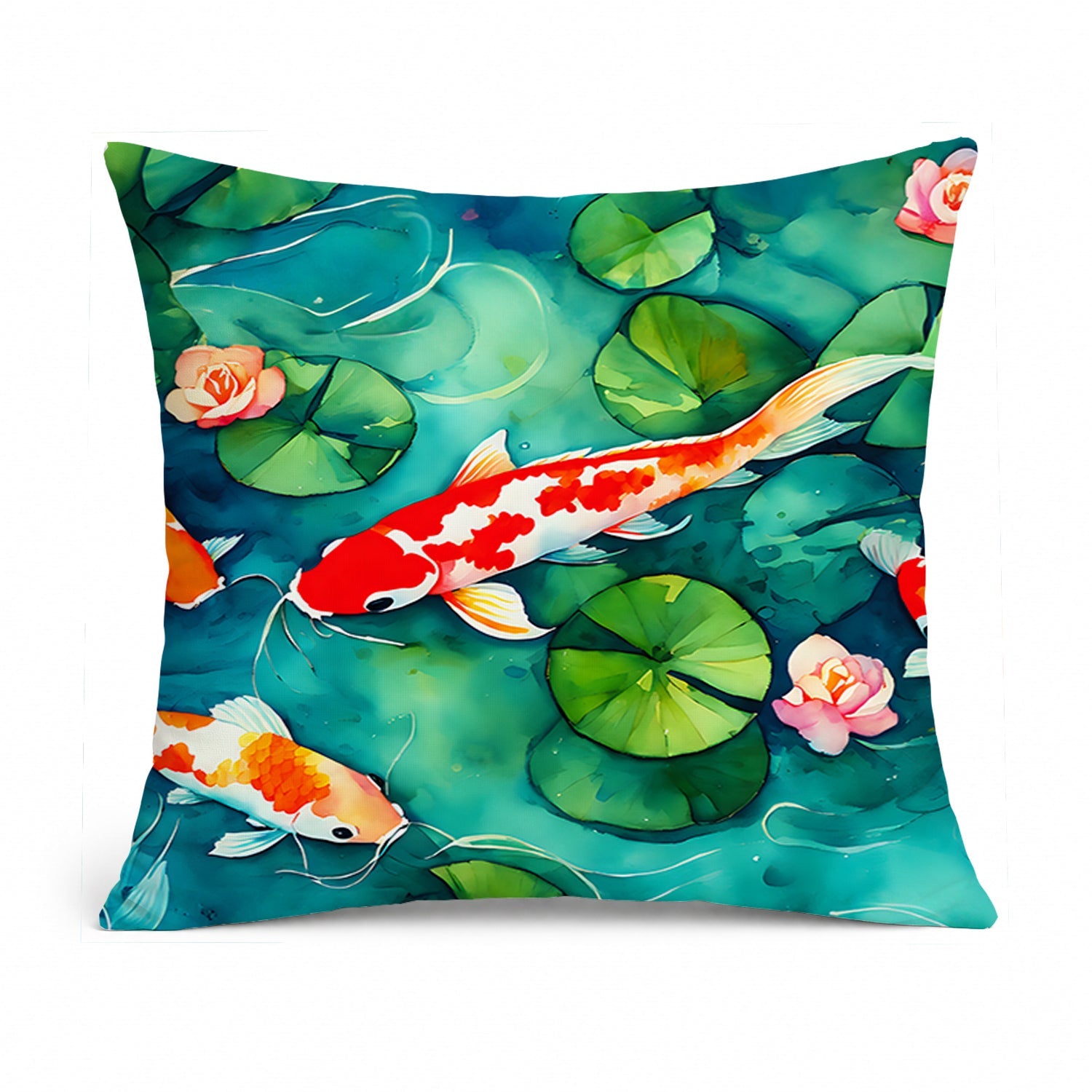 Koi Fish Decorative Throw Pillow 14x14 Indoor Outdoor Accent Cushion, Fabric Cover with Insert for Sofa, Bed, Porch & Living Room