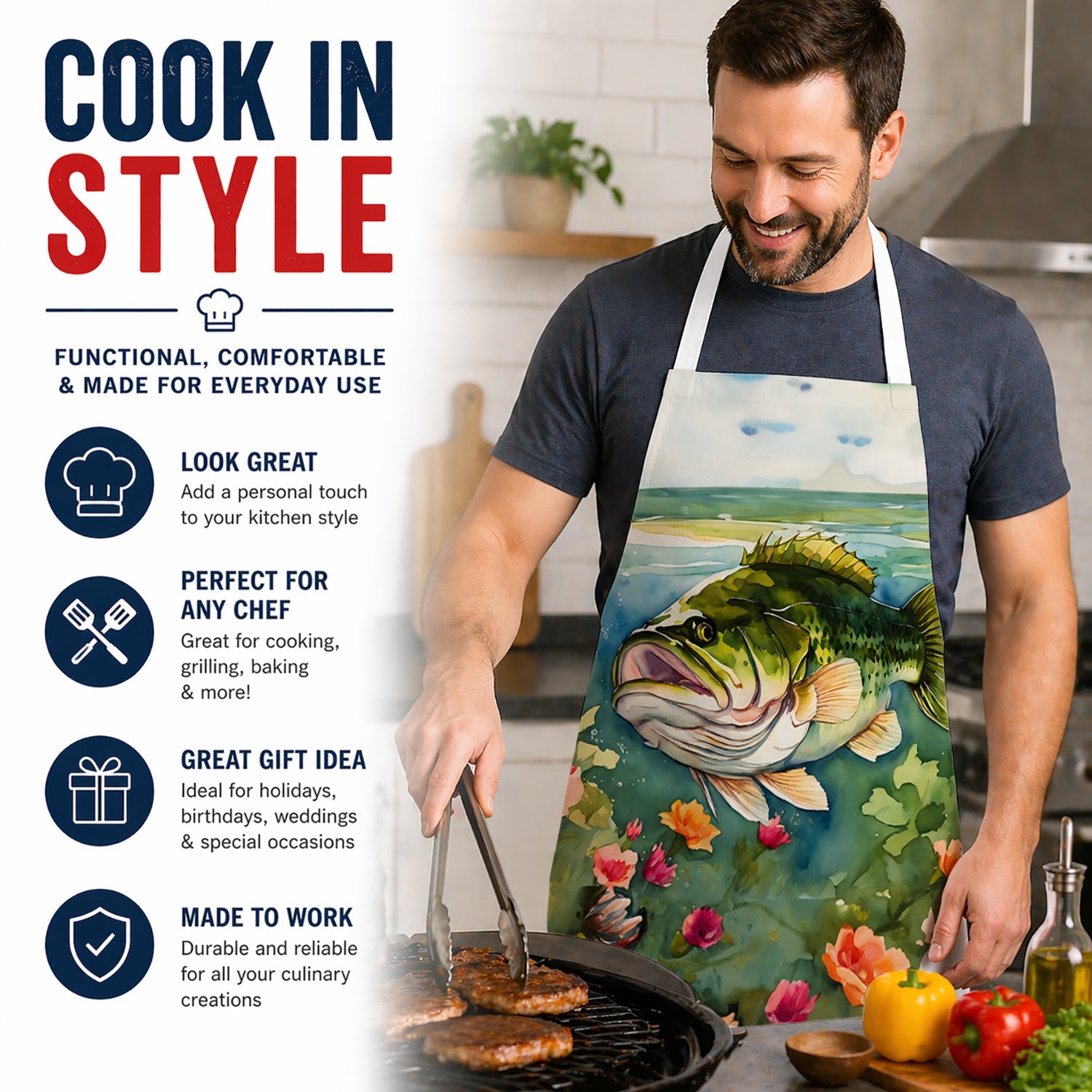Largemouth Bass Apron Cooking Kitchen Server Baking Crafts Gardening for Adult Women Men, Unisex, Large, Multicolor