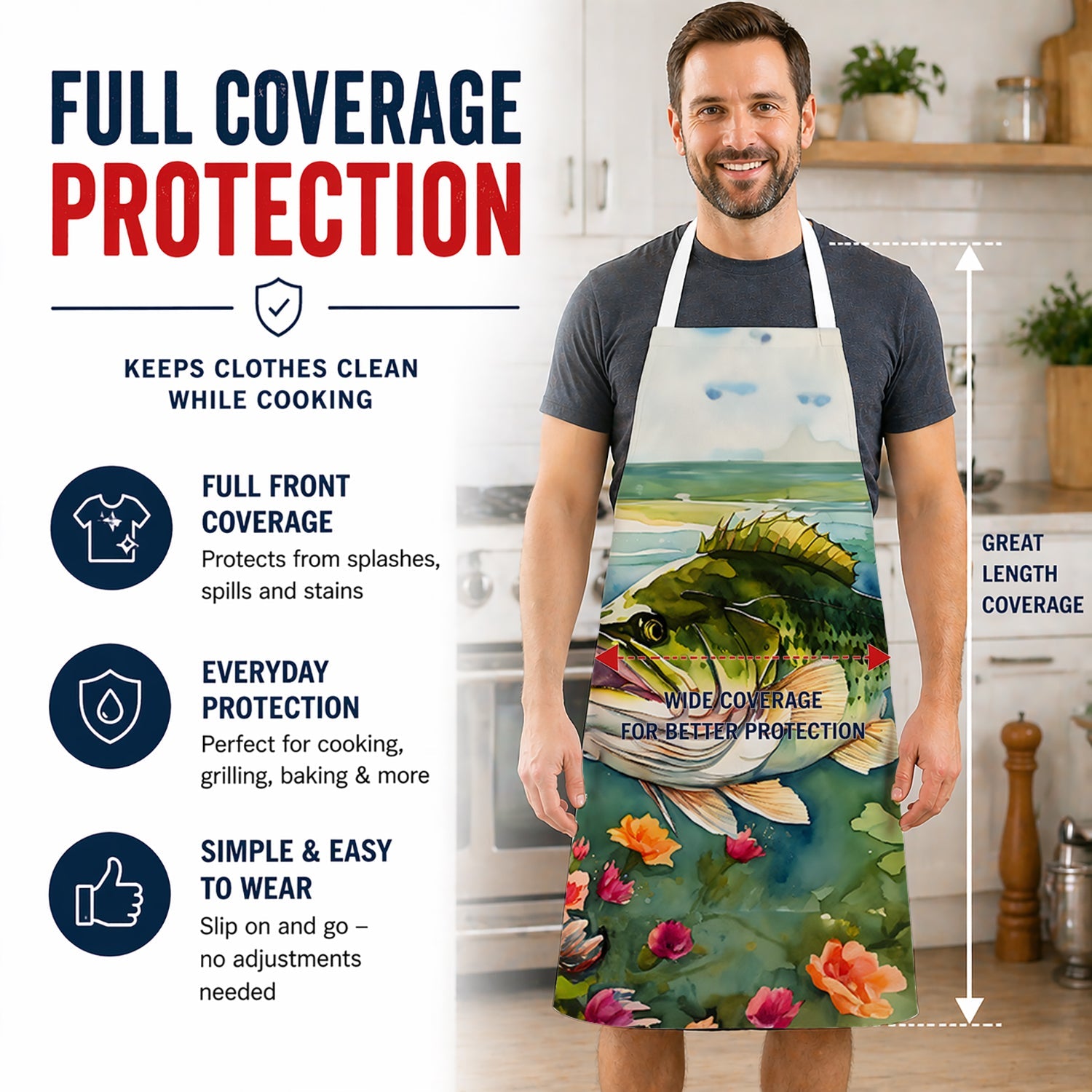 Largemouth Bass Apron Cooking Kitchen Server Baking Crafts Gardening for Adult Women Men, Unisex, Large, Multicolor