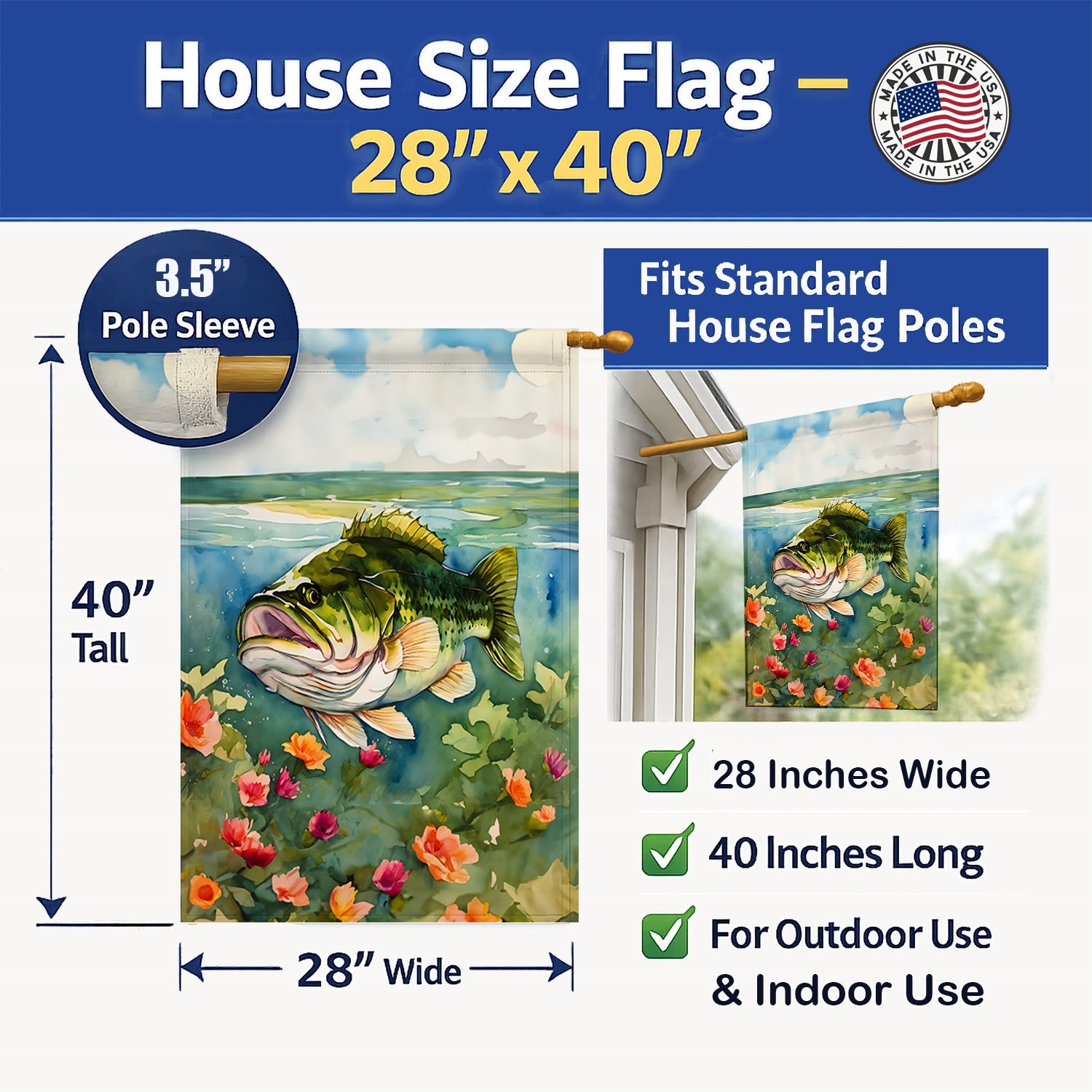 Largemouth Bass House Flag 28x40 Porch Sleeve Pole Decorative Outside Yard Banner Artwork Wall Hanging, Polyester
