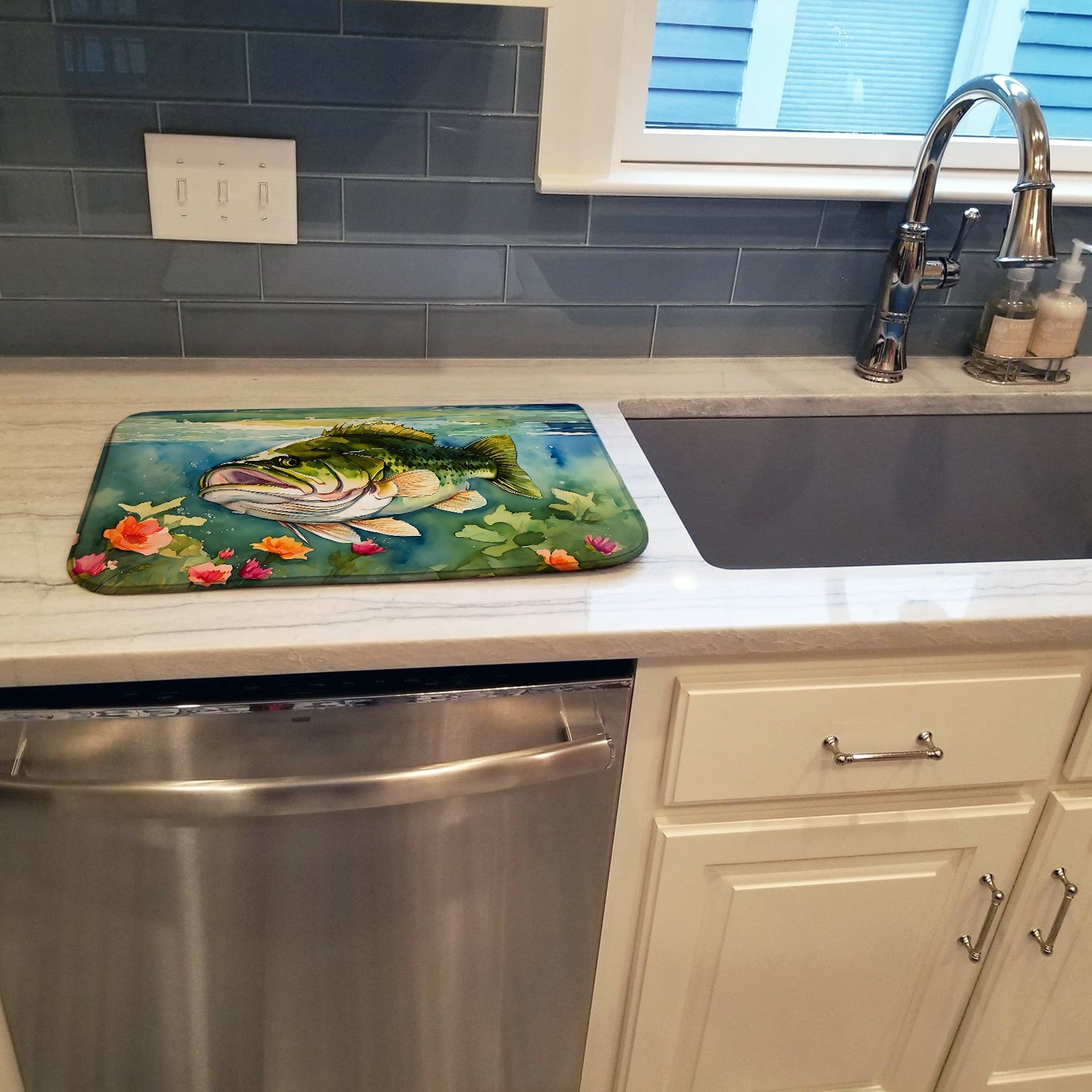 Largemouth Bass Dish Drying Mat Absorbent Dish Drying Mat Pad for Kitchen Counter Dish Drainer Mat for Countertop, 14 x 21", Multicolor