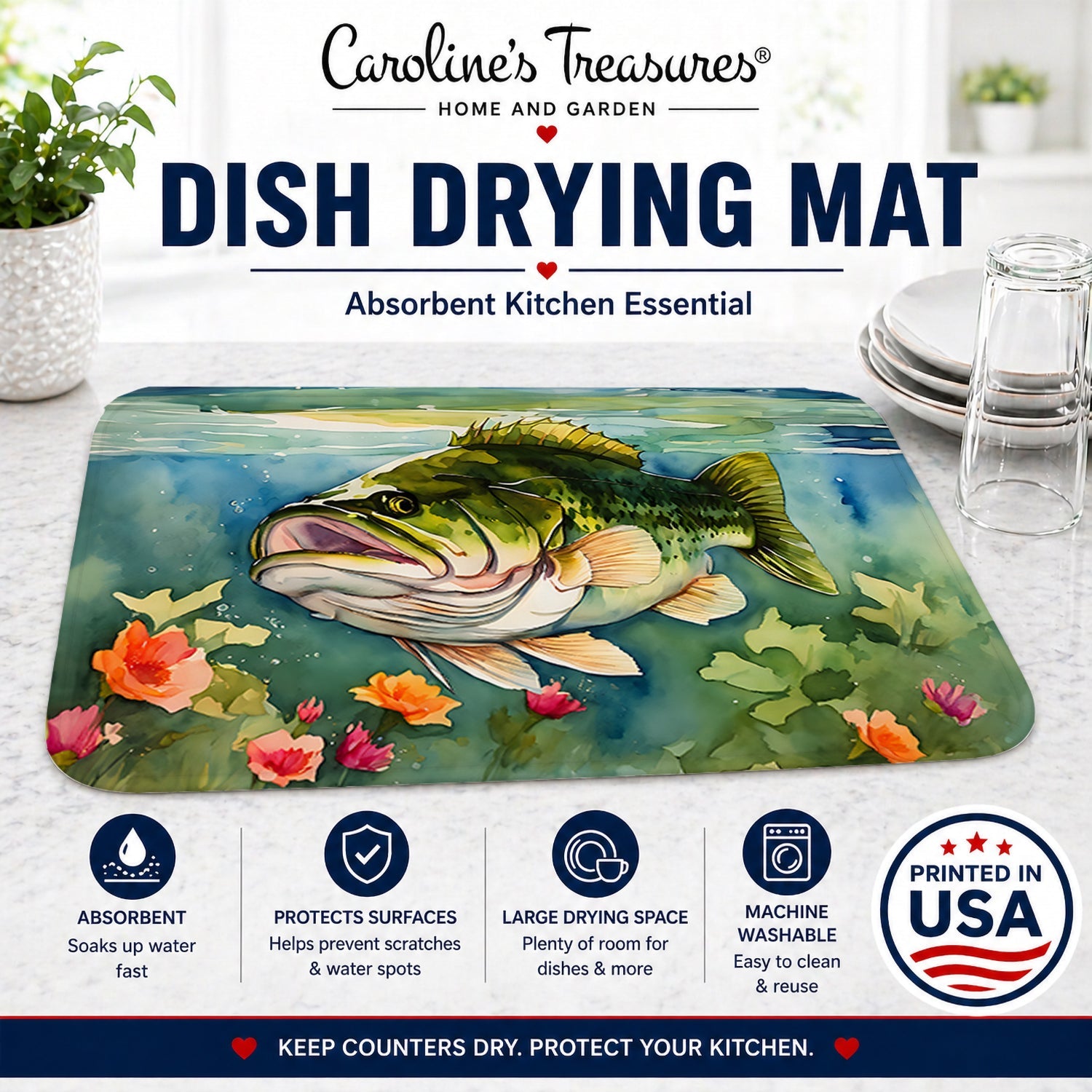 Largemouth Bass Dish Drying Mat Absorbent Dish Drying Mat Pad for Kitchen Counter Dish Drainer Mat for Countertop, 14 x 21", Multicolor