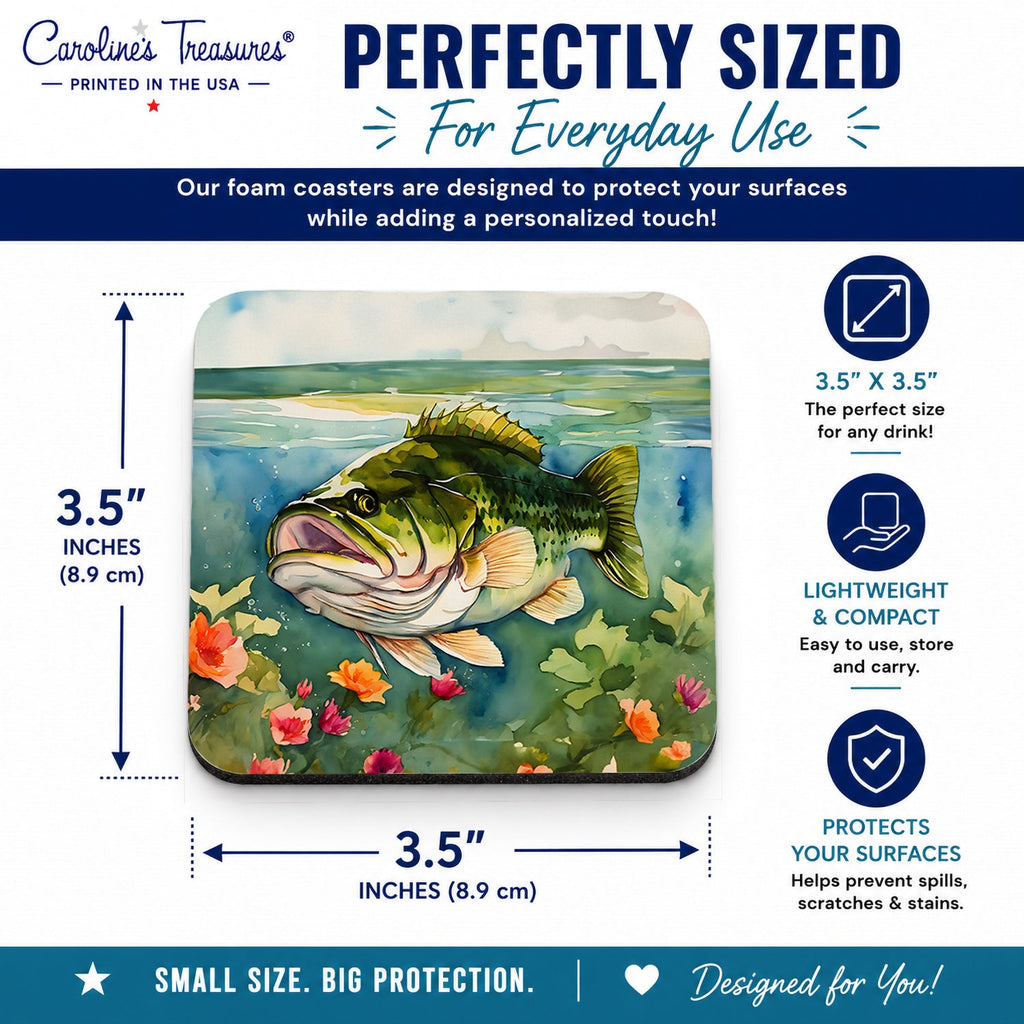 Largemouth Bass Foam Coasters Set of 4 Cup Coasters for Indoor Outdoor, Tabletop Protection, Anti Slip, Mouse pad Material