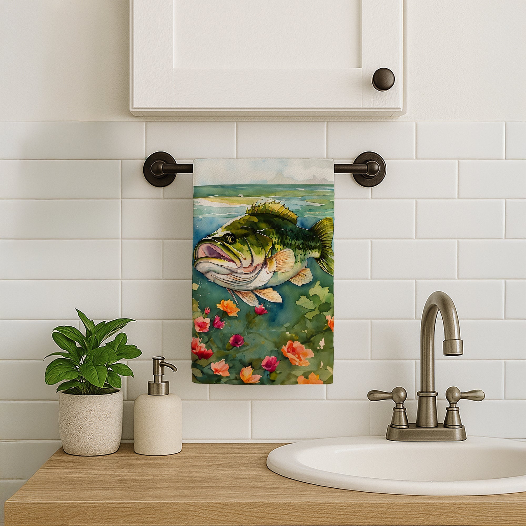 Largemouth Bass Kitchen Towel Velour Plush Front and Cotton Loop Back Machine Washable