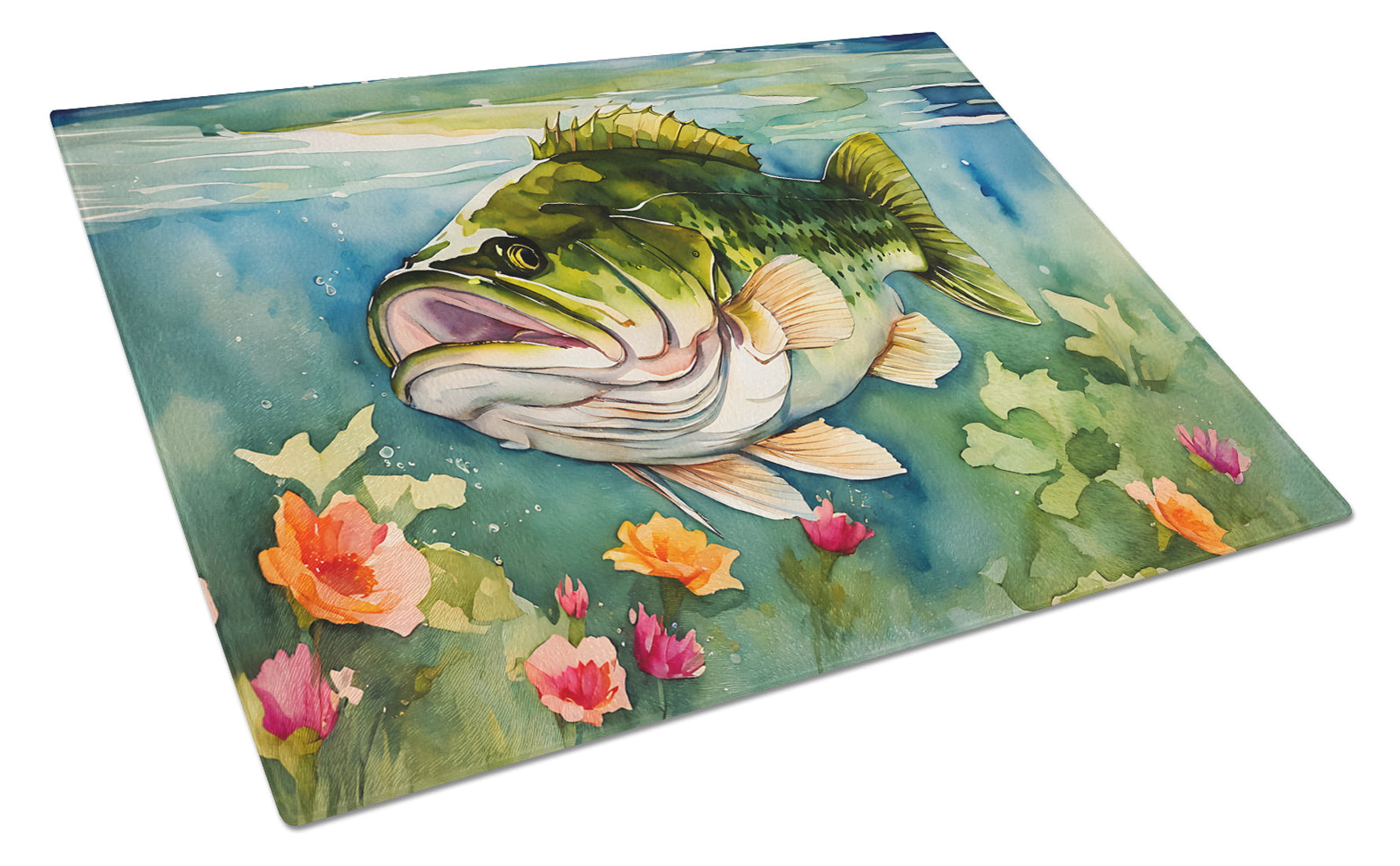 Largemouth Bass Cutting Board Tempered Glass Kitchen Cutting Surface, Heat Resistant Chopping, Non-Slip Feet, Food Prep & Serving