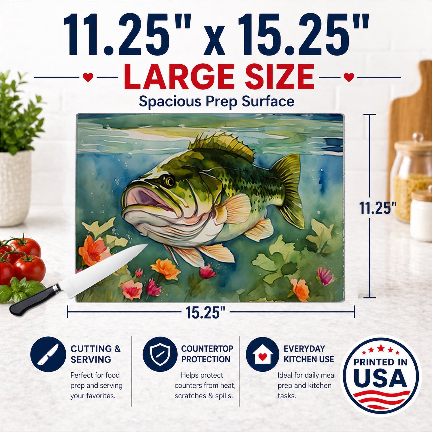 Largemouth Bass Cutting Board Tempered Glass Kitchen Cutting Surface, Heat Resistant Chopping, Non-Slip Feet, Food Prep & Serving