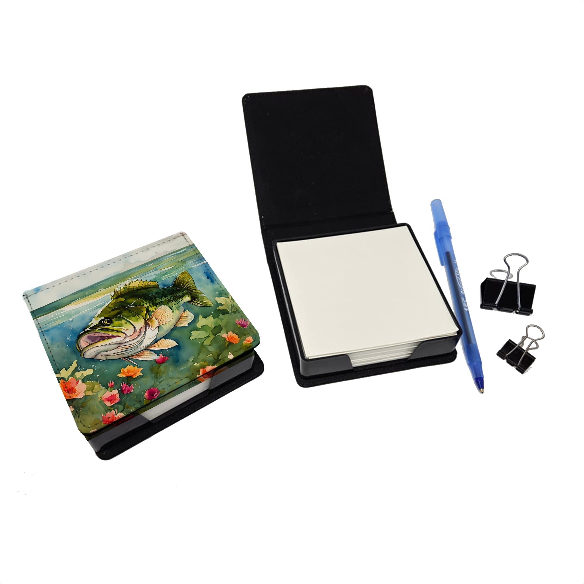 Largemouth Bass PU Leather Note Paper Holder with Artist-Designed Cover, Desk Accessory, Office Gift
