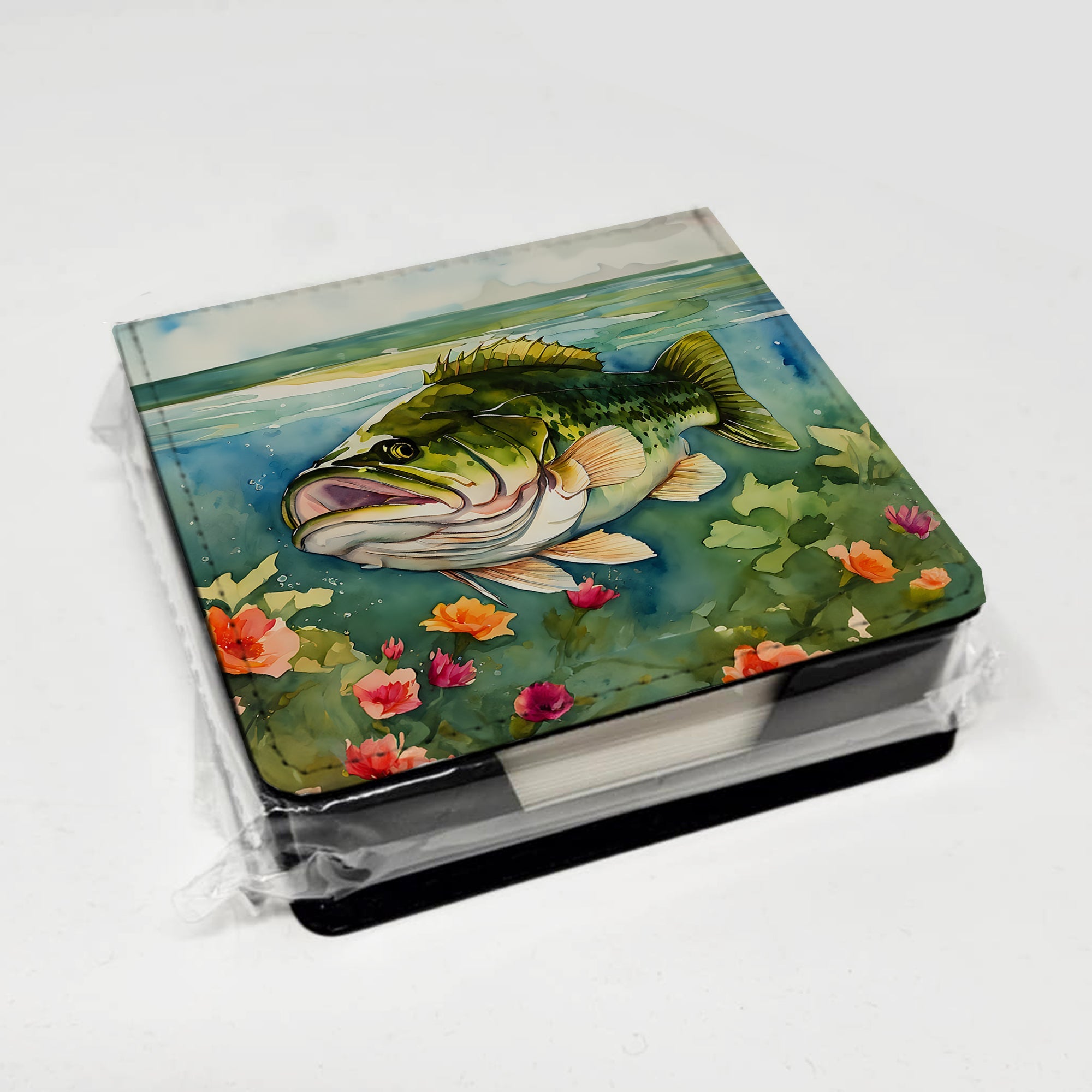 Largemouth Bass PU Leather Note Paper Holder with Artist-Designed Cover, Desk Accessory, Office Gift