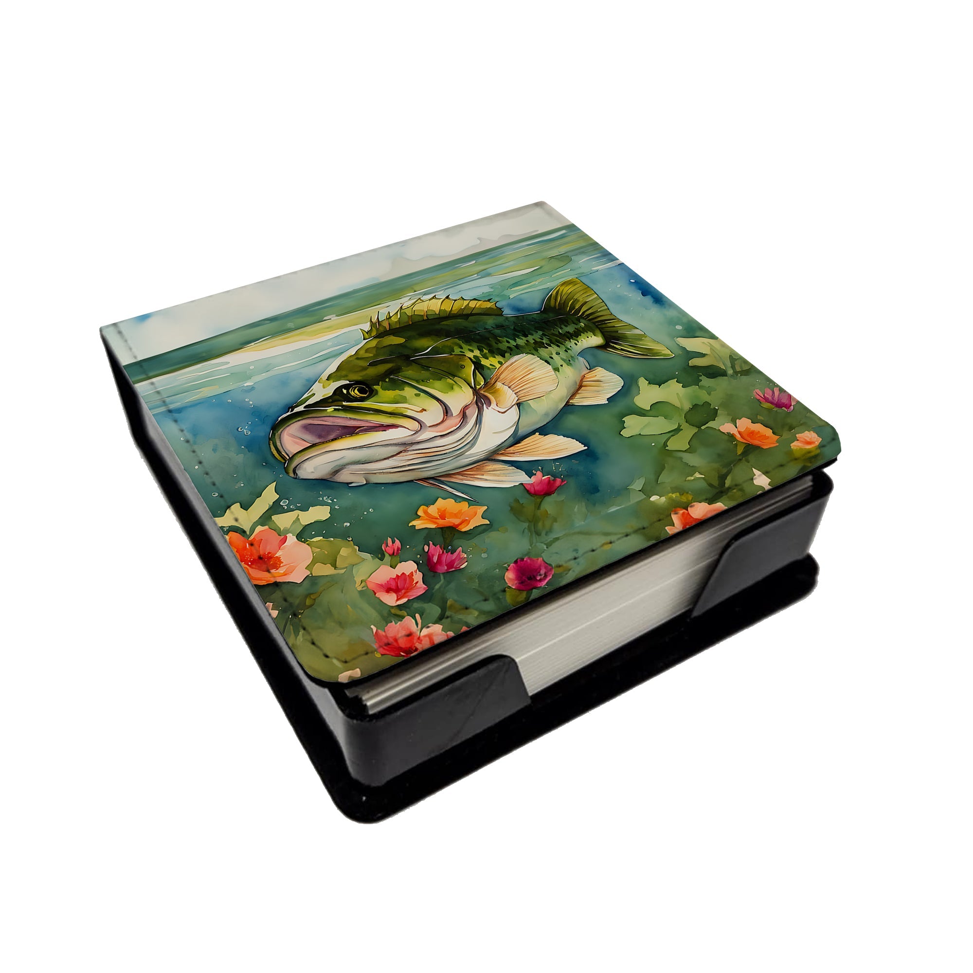 Largemouth Bass PU Leather Note Paper Holder with Artist-Designed Cover, Desk Accessory, Office Gift