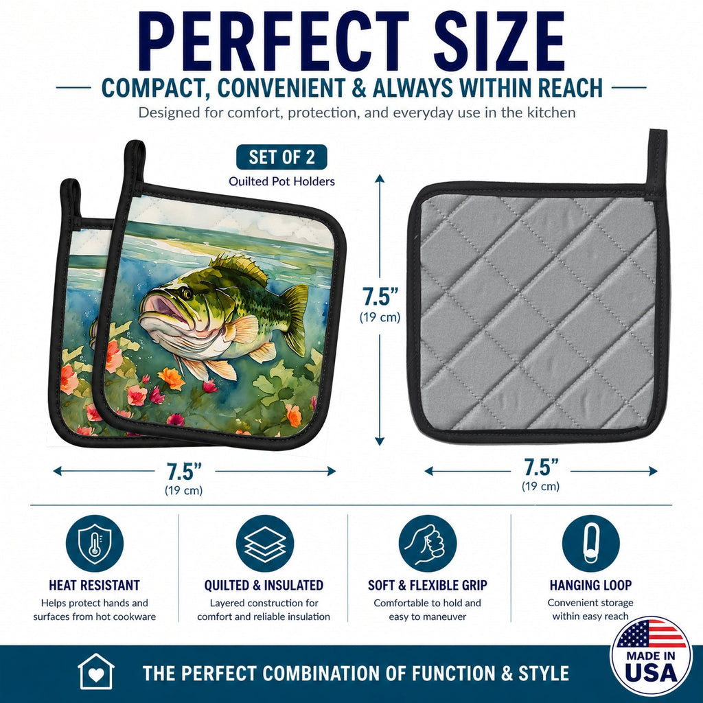 Largemouth Bass Pot Holder Set of 2 Heat Resistant Quilted Hot Pads 7.5 x 7.5 Inch, Insulated Kitchen Trivets for Cooking & Baking