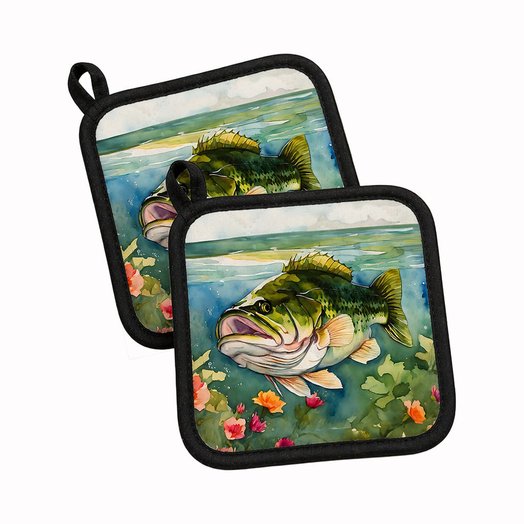 Largemouth Bass Pot Holder Set of 2 Heat Resistant Quilted Hot Pads 7.5 x 7.5 Inch, Insulated Kitchen Trivets for Cooking & Baking
