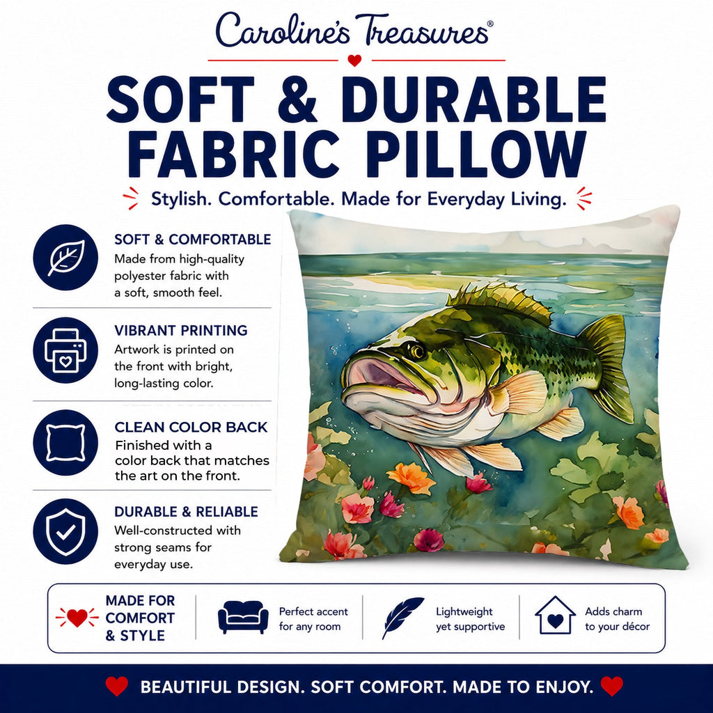 Largemouth Bass Decorative Throw Pillow 14x14 Indoor Outdoor Accent Cushion, Fabric Cover with Insert for Sofa, Bed, Porch & Living Room