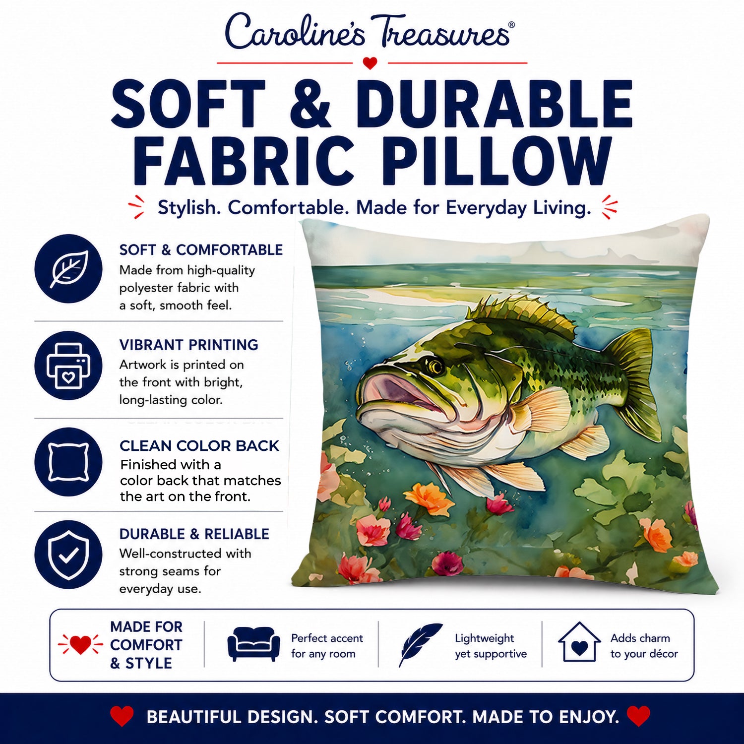Largemouth Bass Decorative Throw Pillow 14x14 Indoor Outdoor Accent Cushion, Fabric Cover with Insert for Sofa, Bed, Porch & Living Room