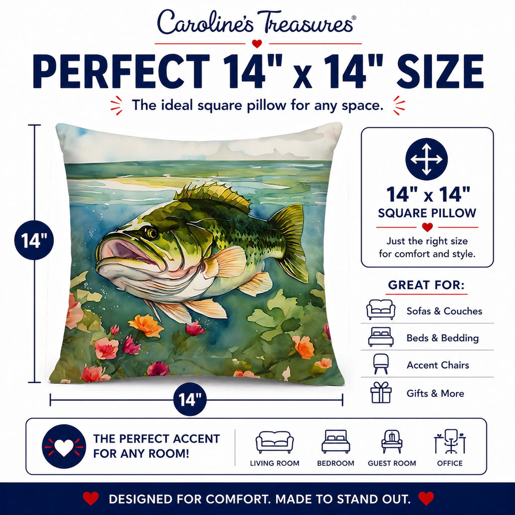 Largemouth Bass Decorative Throw Pillow 14x14 Indoor Outdoor Accent Cushion, Fabric Cover with Insert for Sofa, Bed, Porch & Living Room