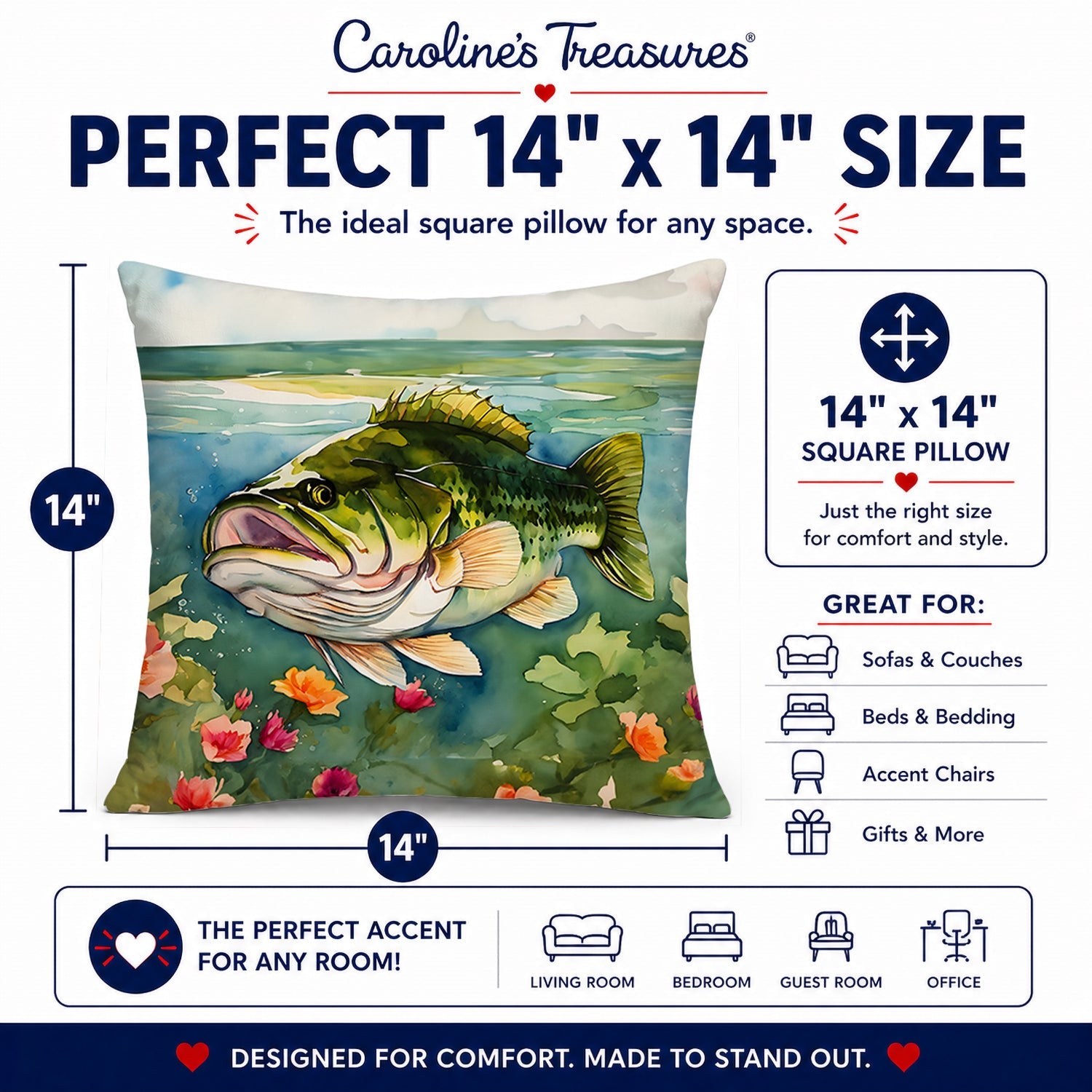 Largemouth Bass Decorative Throw Pillow 14x14 Indoor Outdoor Accent Cushion, Fabric Cover with Insert for Sofa, Bed, Porch & Living Room
