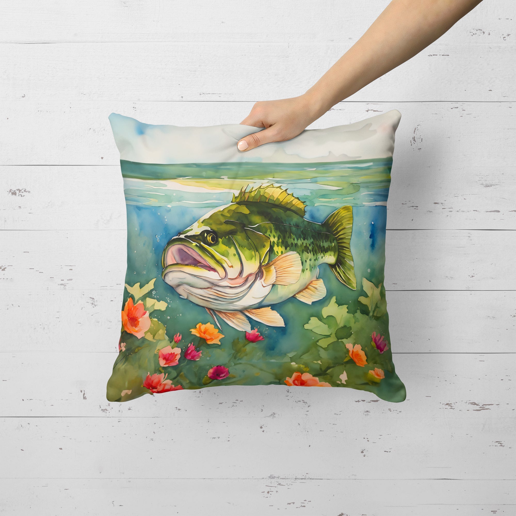 Largemouth Bass Decorative Throw Pillow 18x18 Indoor Outdoor Accent Cushion, Fabric Cover with Insert for Sofa, Bed, Porch & Living Room