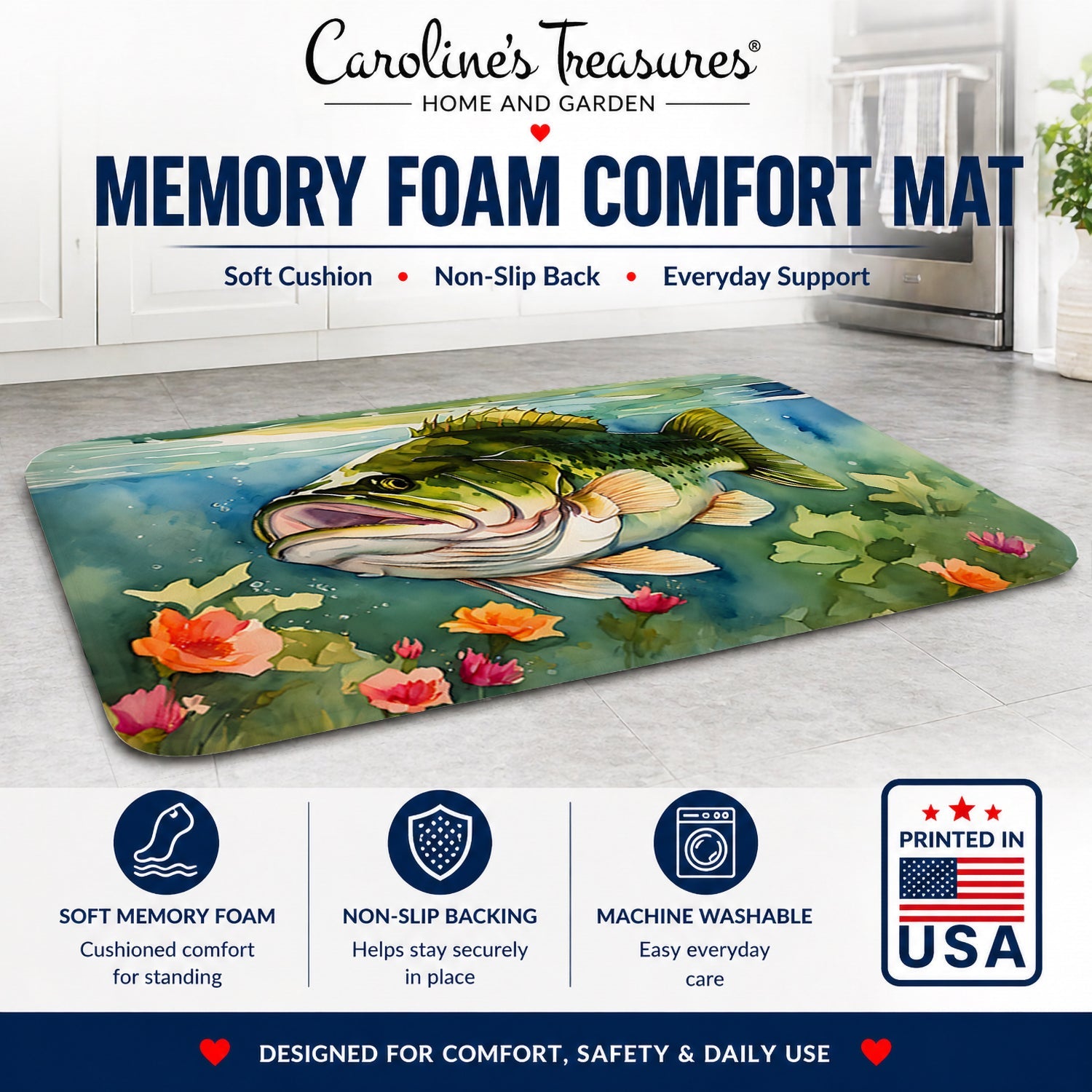 Largemouth Bass Memory Foam Kitchen Mat Machine Washable Anti-Fatigue Cushion Comfort Bath or Kitchen Rug