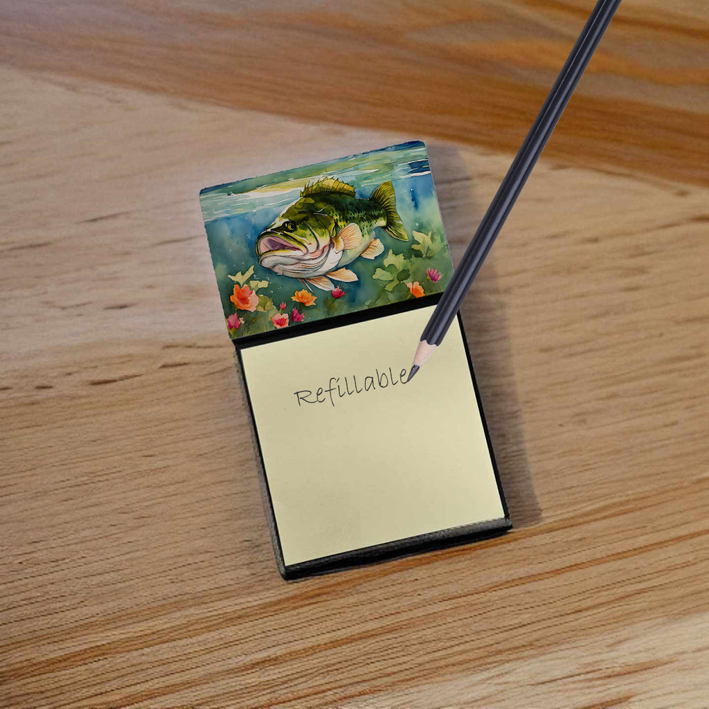 Largemouth Bass Watercolor Sticky Note Holder Refillable Dispenser Desk Accessory 3x3 Pad Gift
