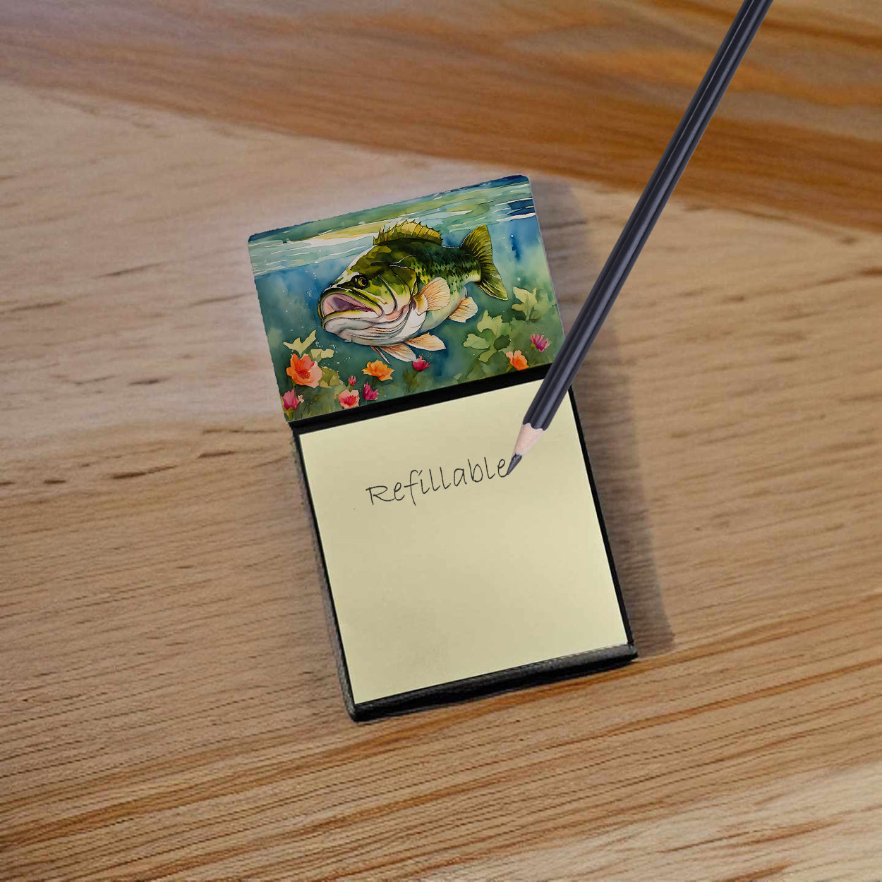 Largemouth Bass Watercolor Sticky Note Holder Refillable Dispenser Desk Accessory 3x3 Pad Gift