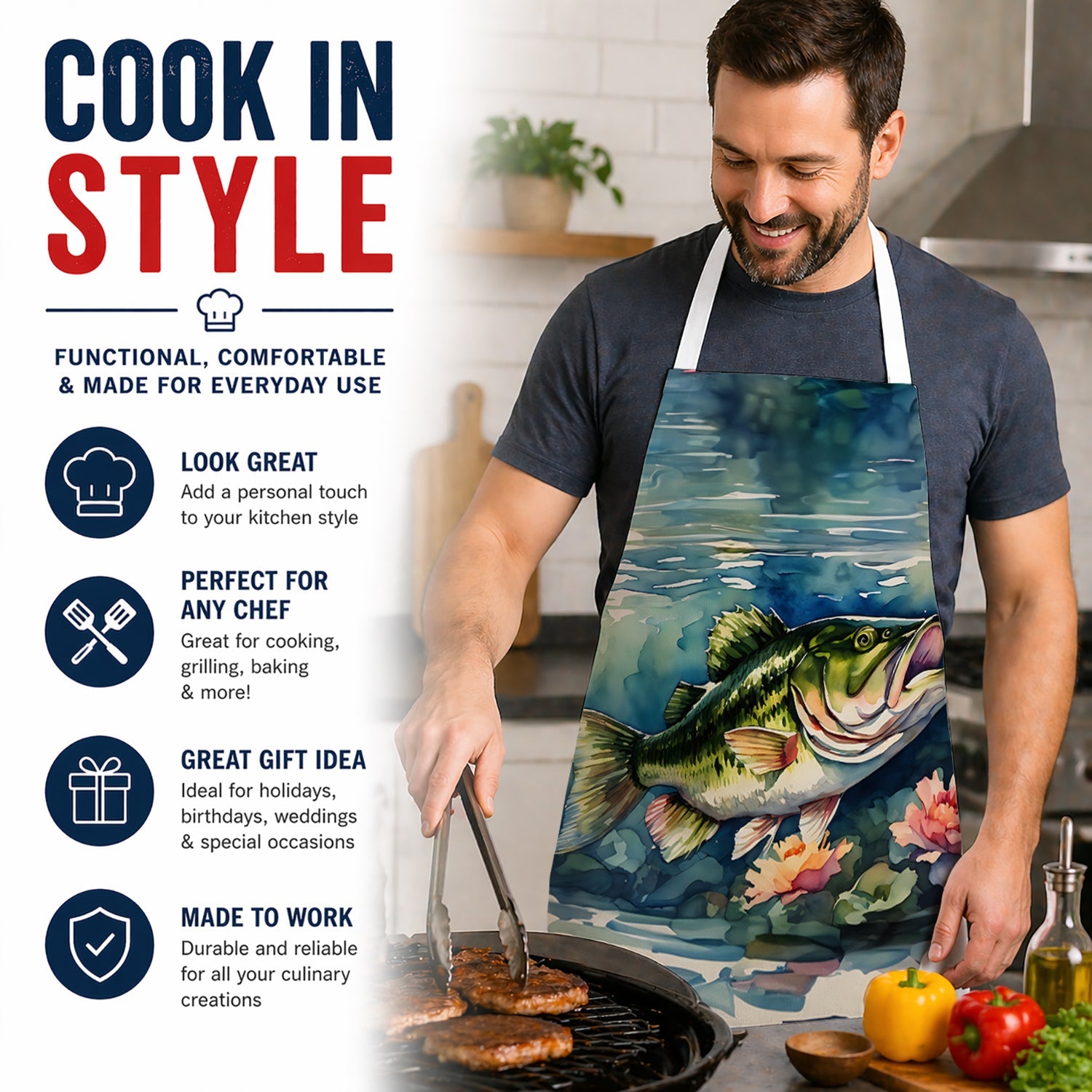 Largemouth Bass Apron Cooking Kitchen Server Baking Crafts Gardening for Adult Women Men, Unisex, Large, Multicolor