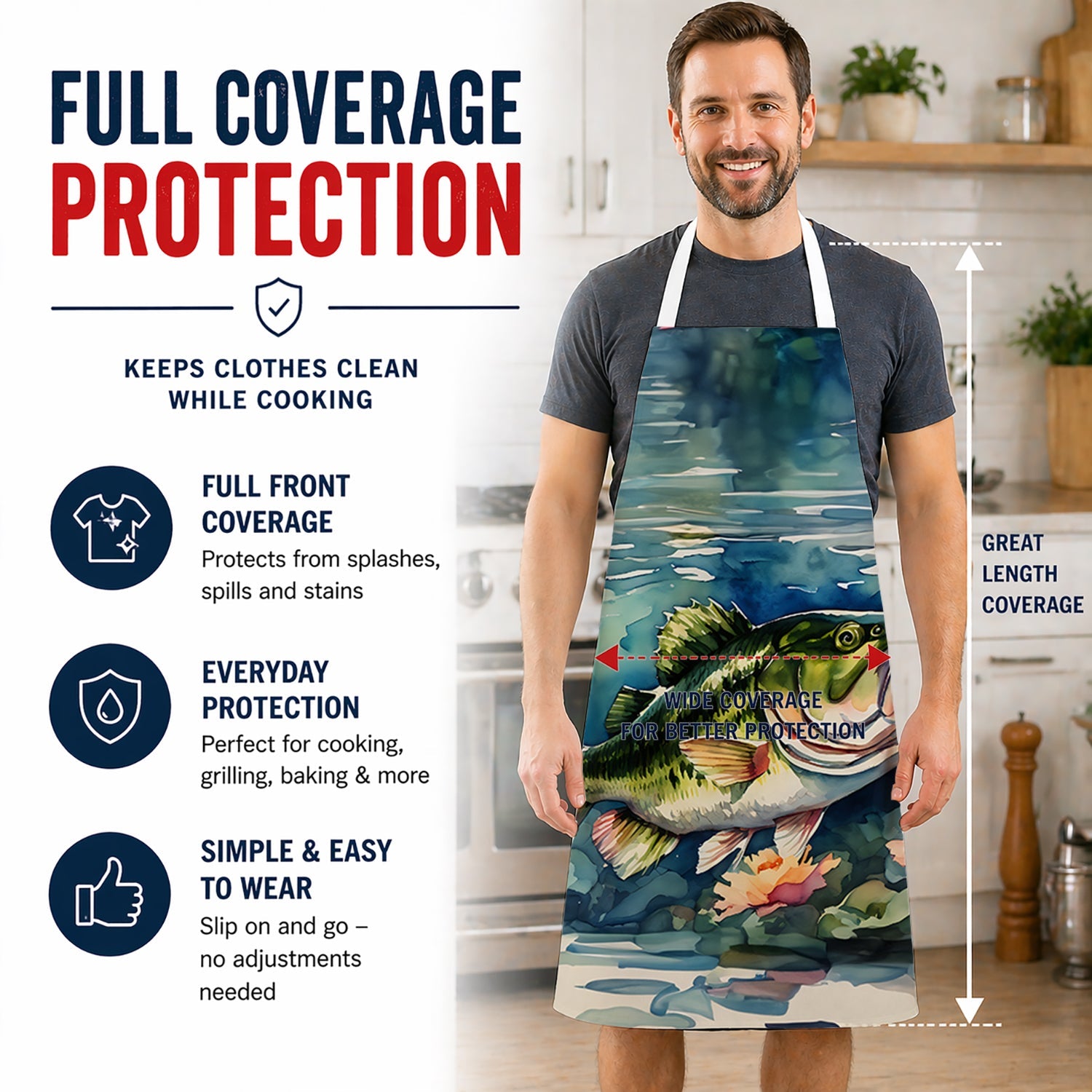 Largemouth Bass Apron Cooking Kitchen Server Baking Crafts Gardening for Adult Women Men, Unisex, Large, Multicolor