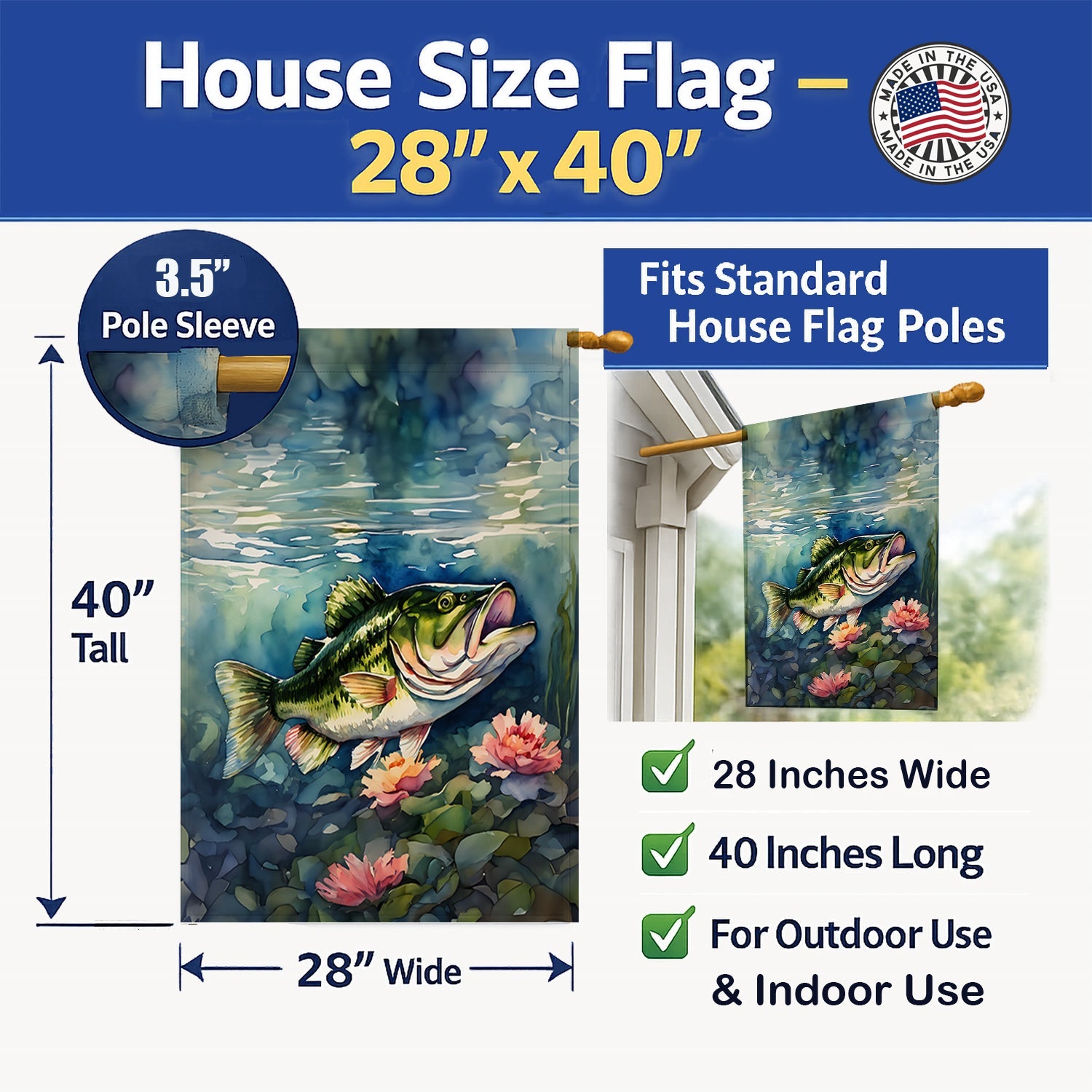 Largemouth Bass House Flag 28x40 Porch Sleeve Pole Decorative Outside Yard Banner Artwork Wall Hanging, Polyester