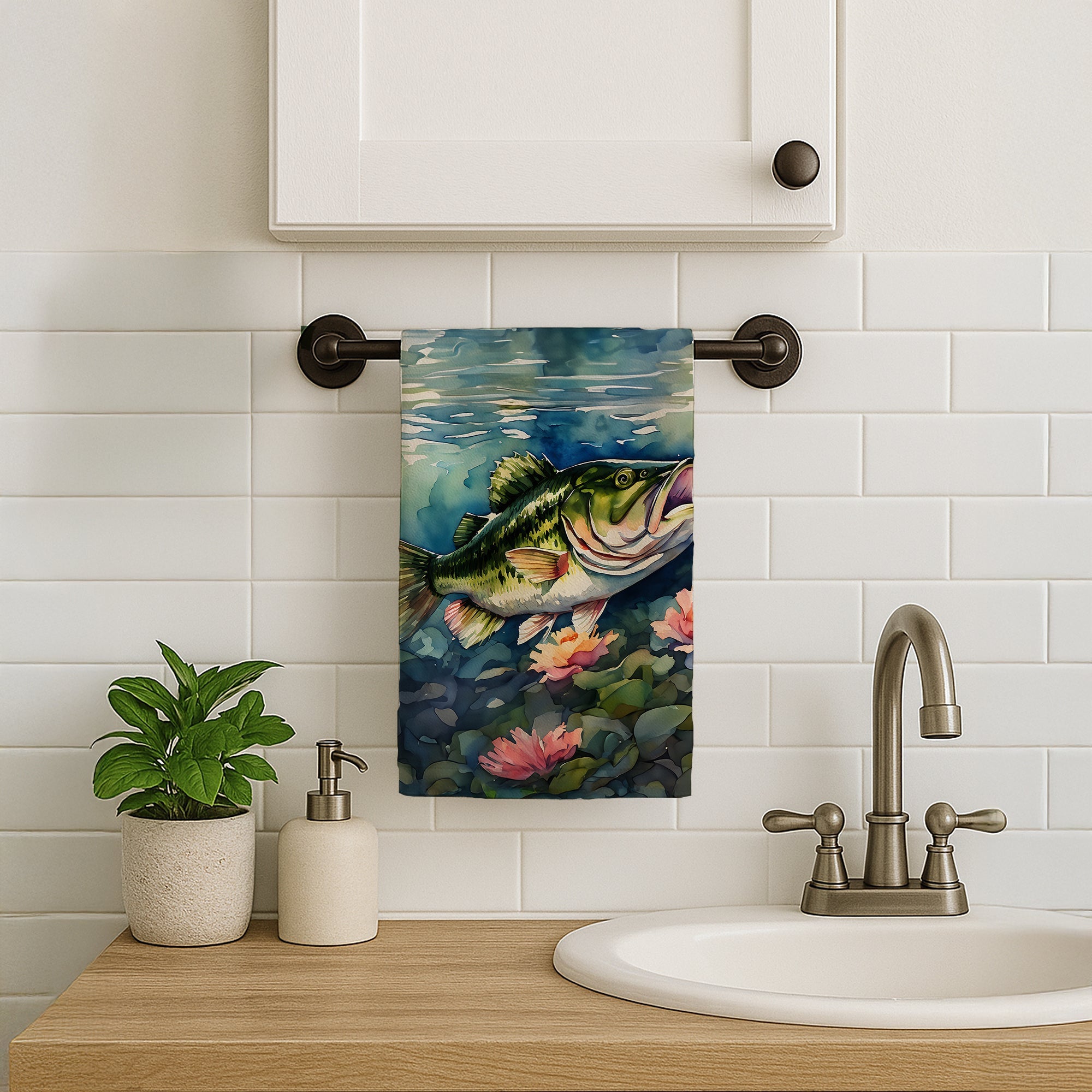 Largemouth Bass Kitchen Towel Velour Plush Front and Cotton Loop Back Machine Washable