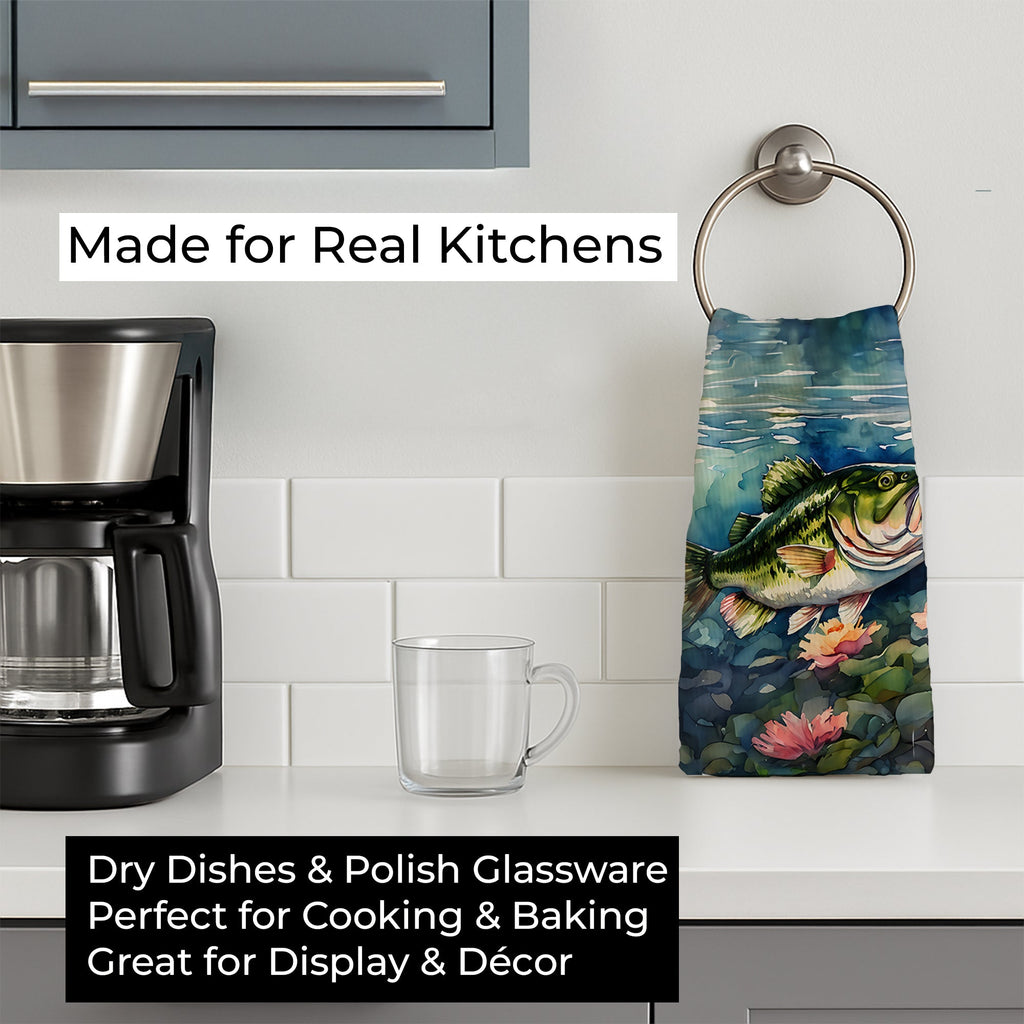 Largemouth Bass Kitchen Towel Velour Plush Front and Cotton Loop Back Machine Washable