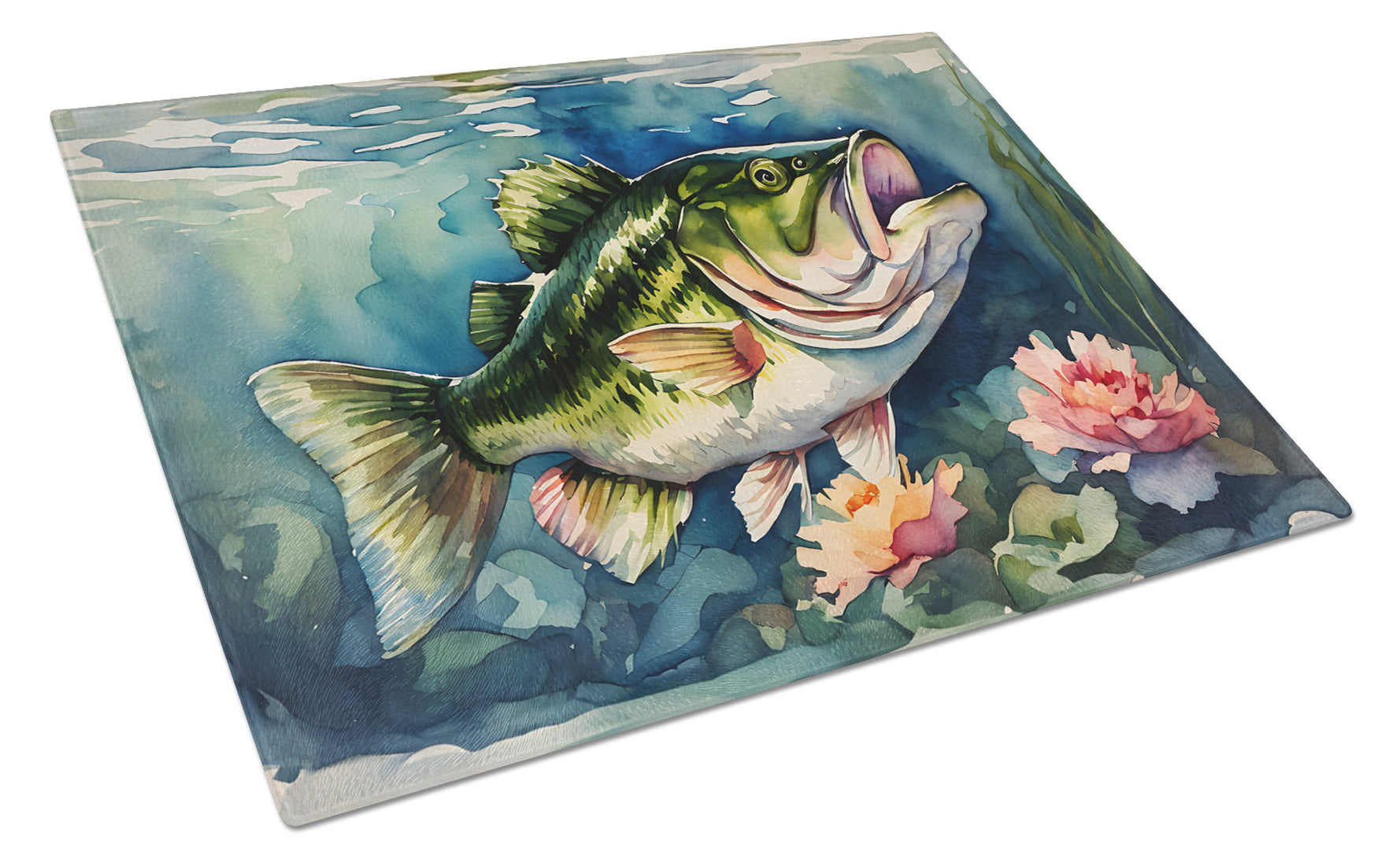 Largemouth Bass Cutting Board Tempered Glass Kitchen Cutting Surface, Heat Resistant Chopping, Non-Slip Feet, Food Prep & Serving