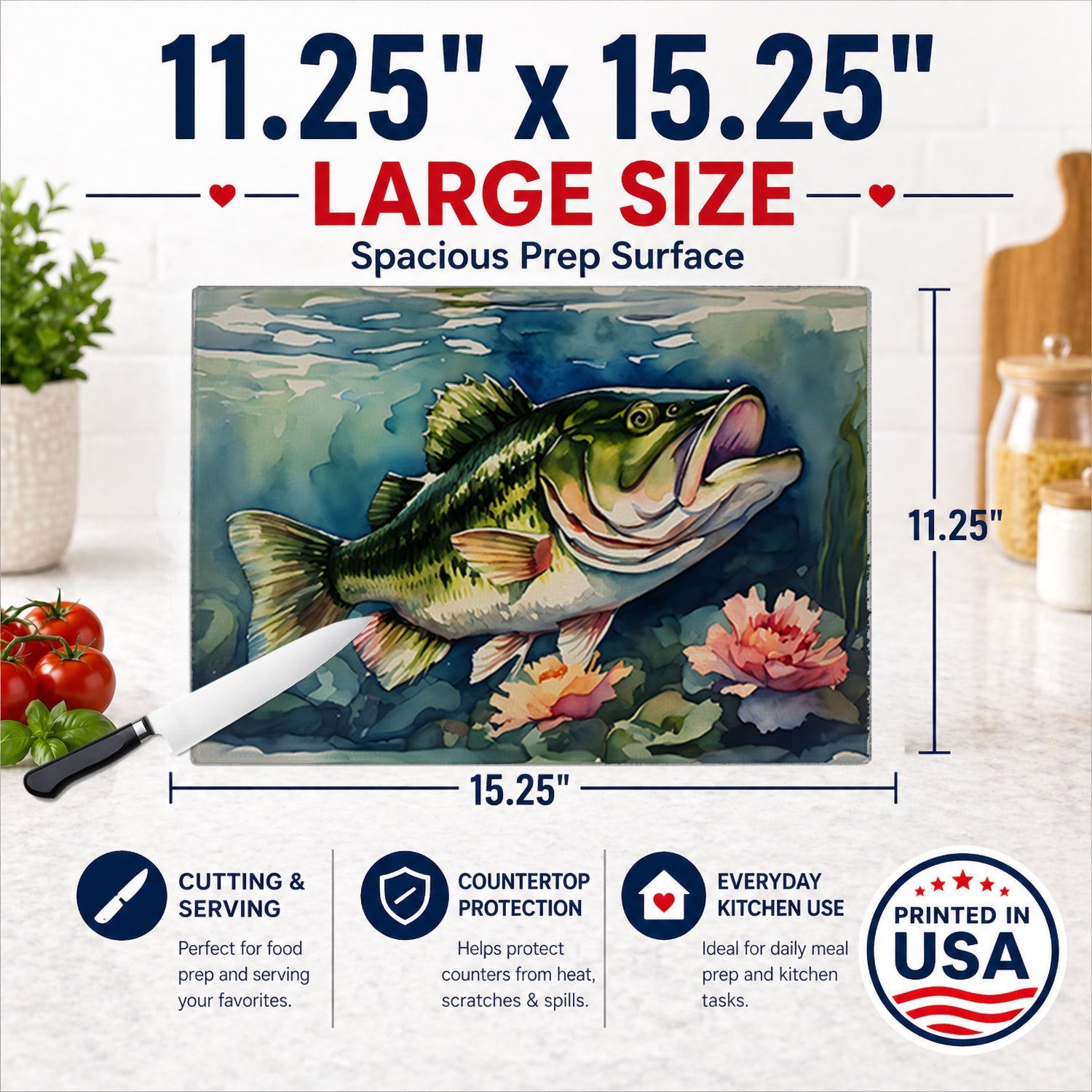 Largemouth Bass Cutting Board Tempered Glass Kitchen Cutting Surface, Heat Resistant Chopping, Non-Slip Feet, Food Prep & Serving