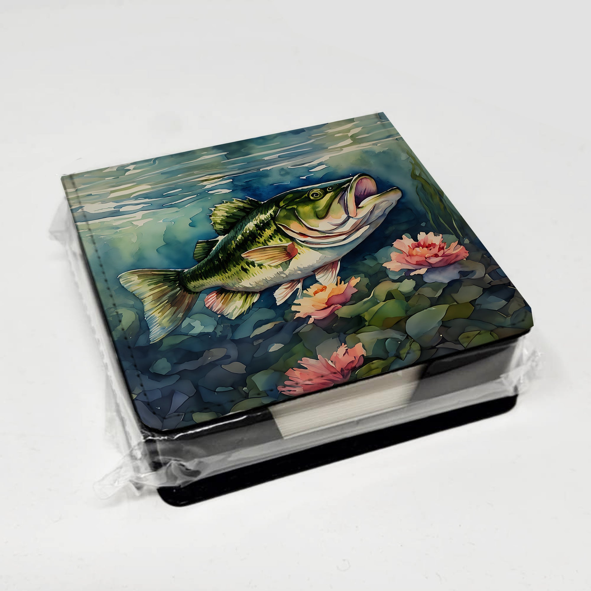 Largemouth Bass PU Leather Note Paper Holder with Artist-Designed Cover, Desk Accessory, Office Gift