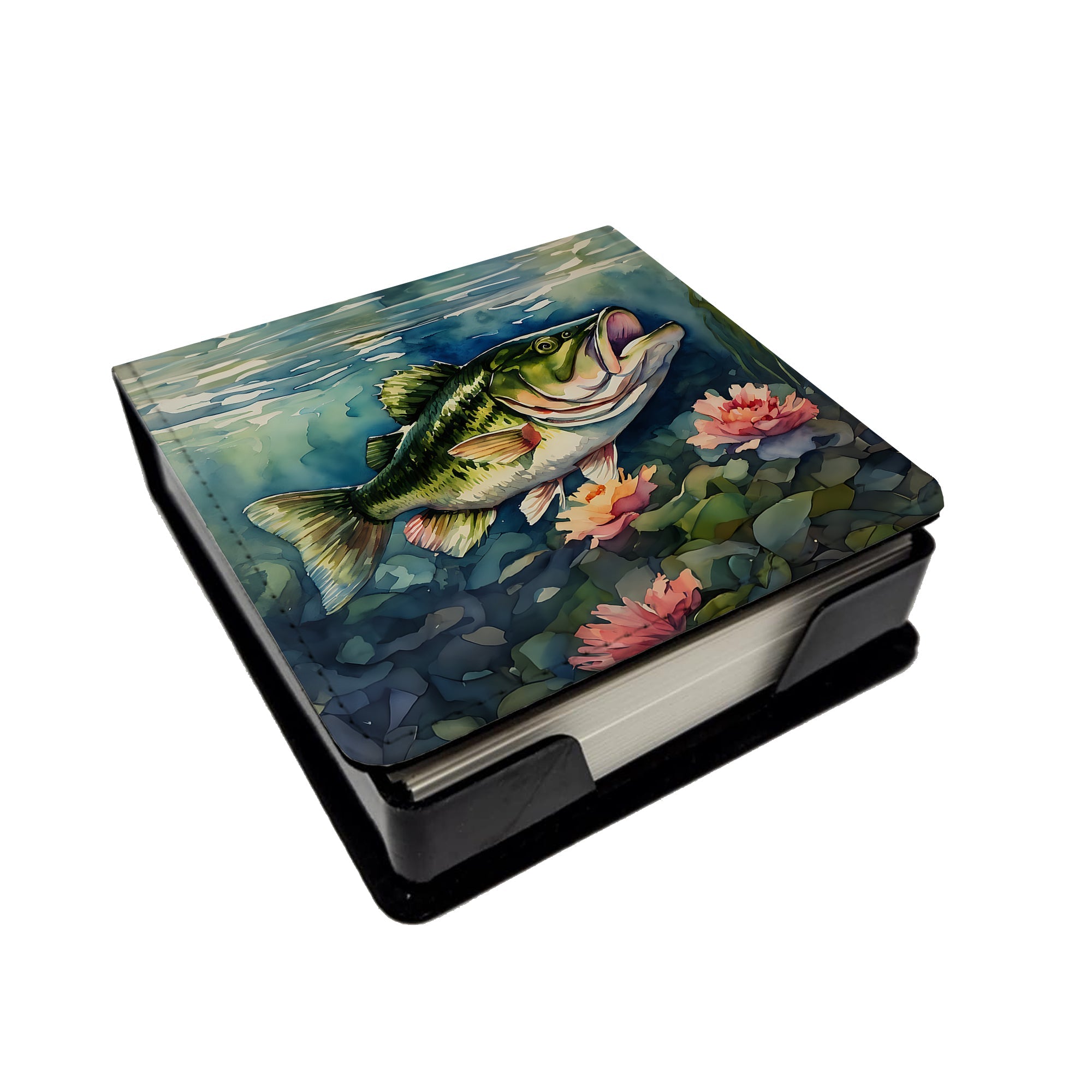 Largemouth Bass PU Leather Note Paper Holder with Artist-Designed Cover, Desk Accessory, Office Gift