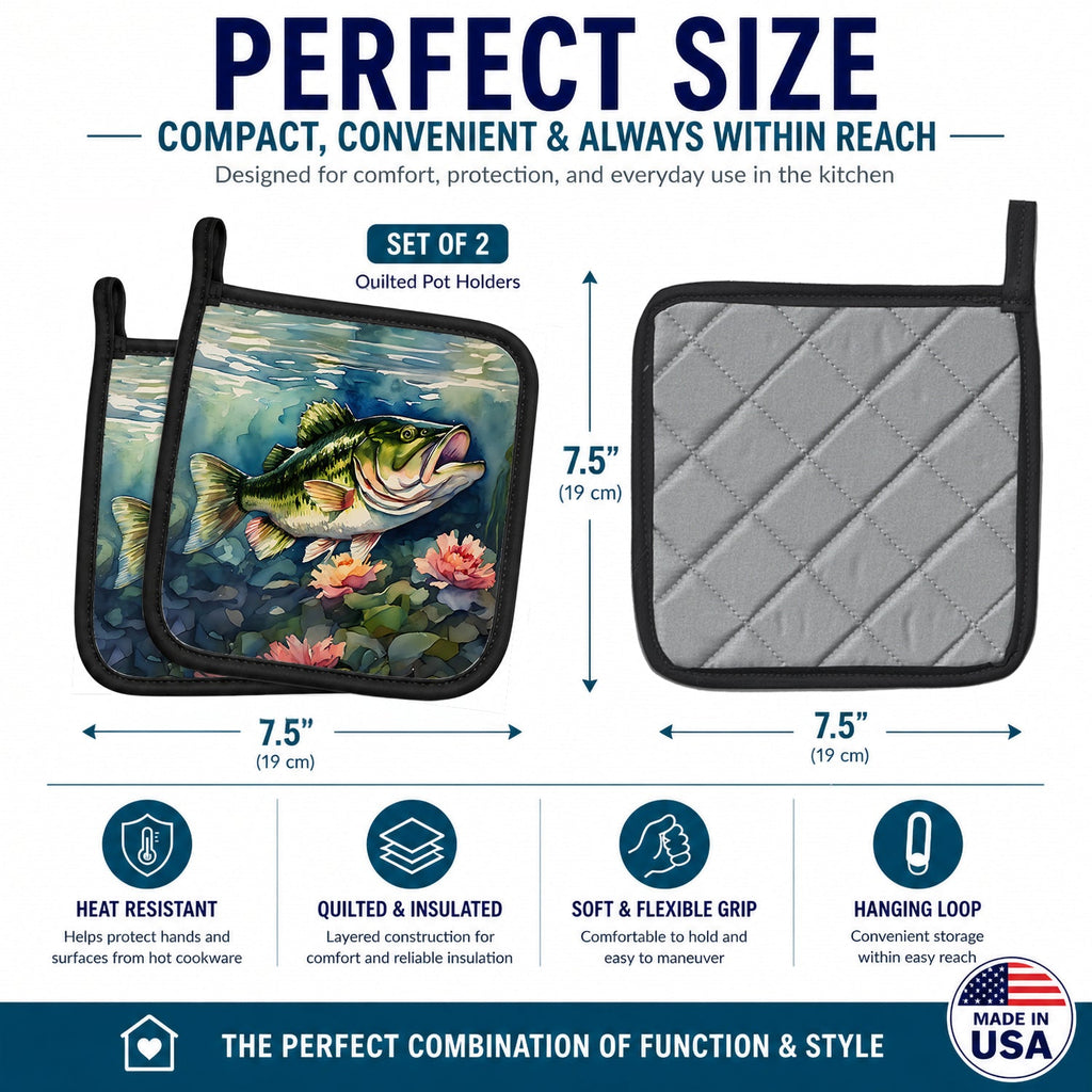 Largemouth Bass Pot Holder Set of 2 Heat Resistant Quilted Hot Pads 7.5 x 7.5 Inch, Insulated Kitchen Trivets for Cooking & Baking