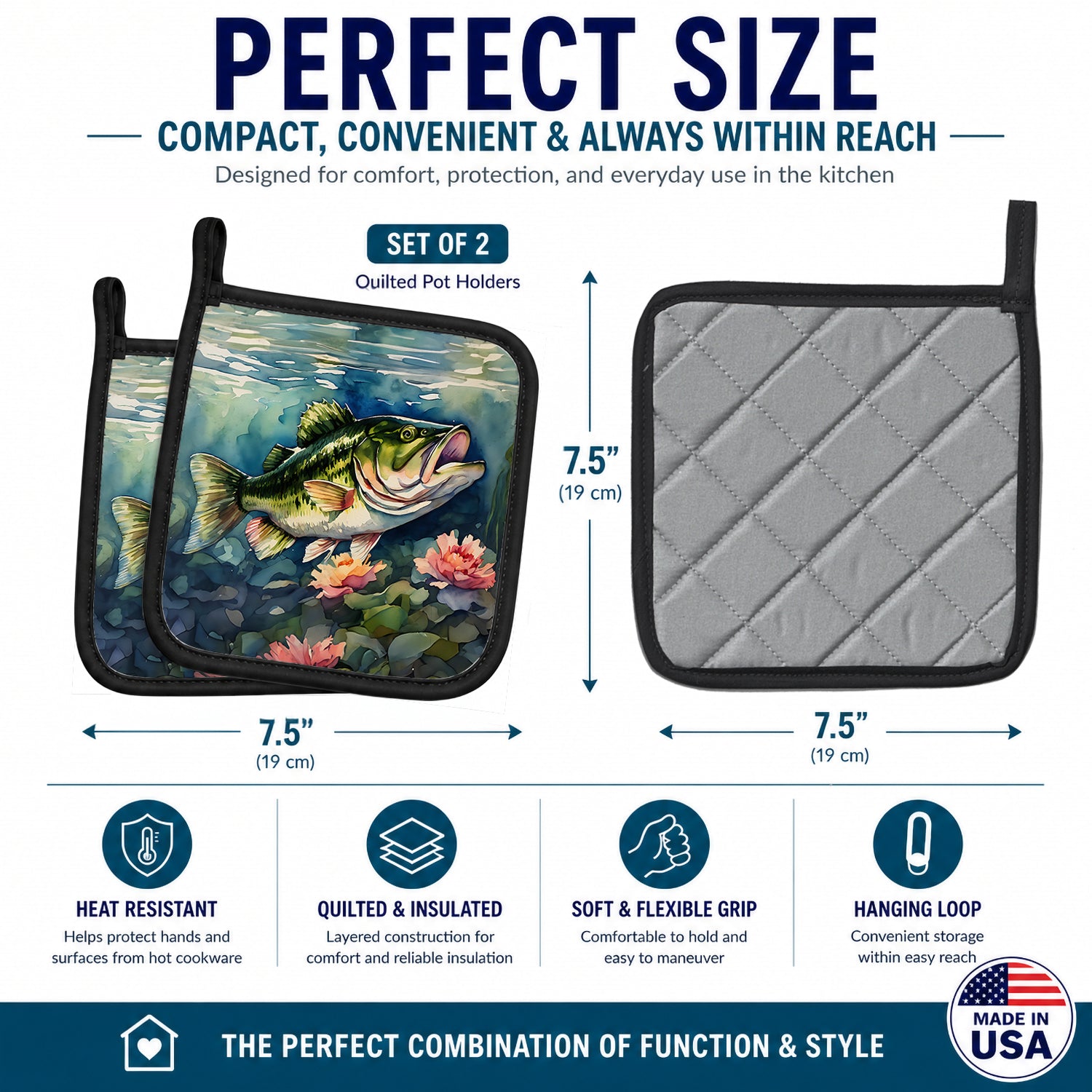 Largemouth Bass Pot Holder Set of 2 Heat Resistant Quilted Hot Pads 7.5 x 7.5 Inch, Insulated Kitchen Trivets for Cooking & Baking