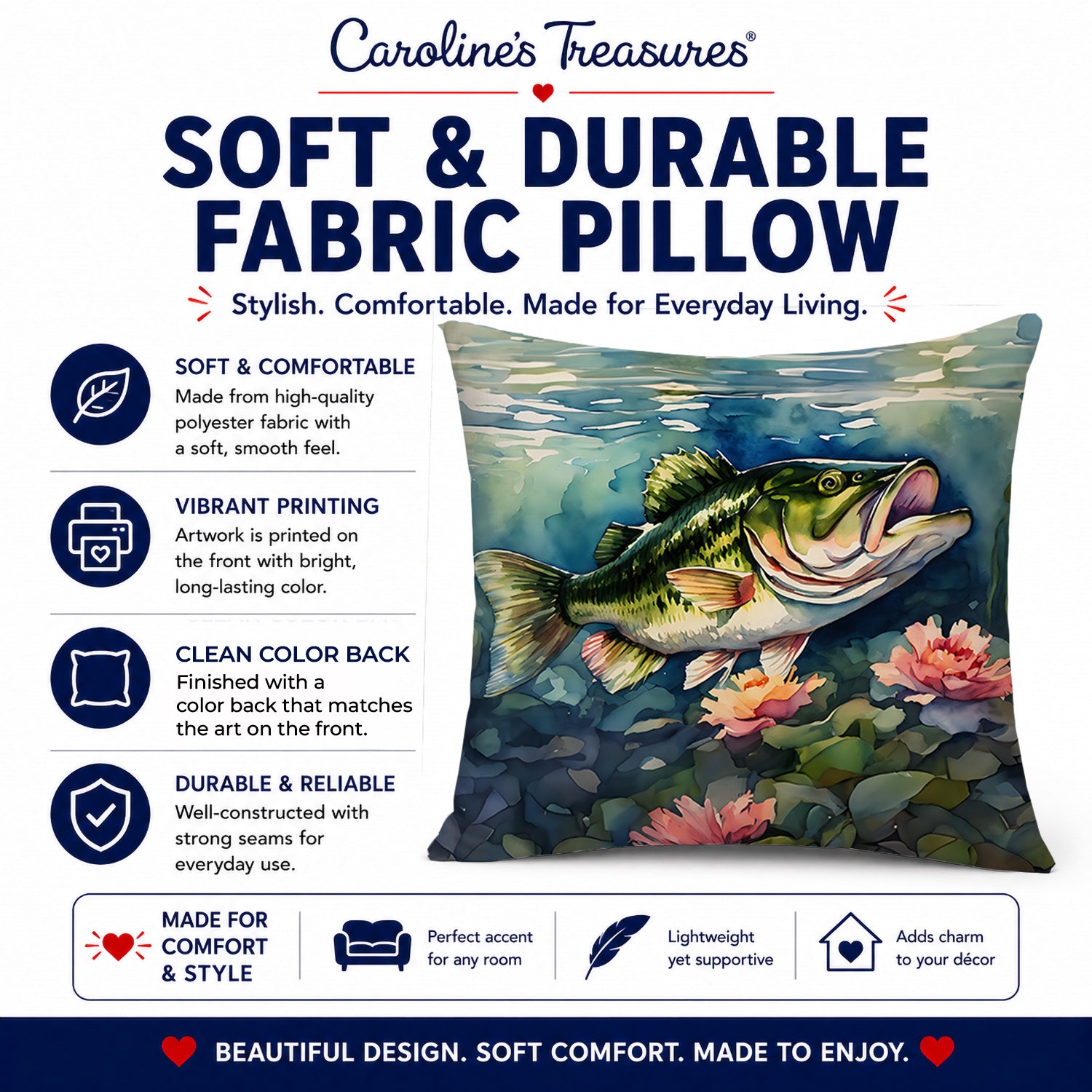 Largemouth Bass Decorative Throw Pillow 14x14 Indoor Outdoor Accent Cushion, Fabric Cover with Insert for Sofa, Bed, Porch & Living Room