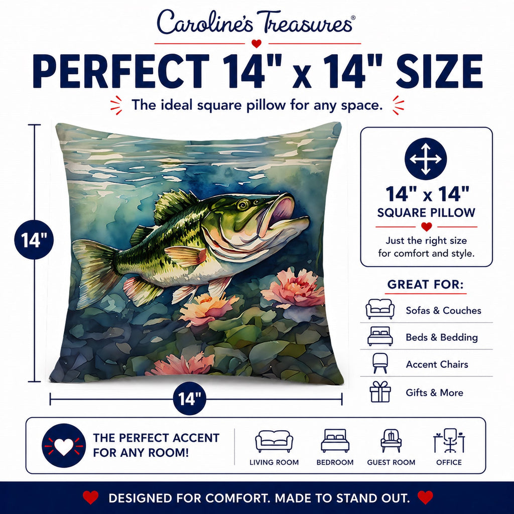 Largemouth Bass Decorative Throw Pillow 14x14 Indoor Outdoor Accent Cushion, Fabric Cover with Insert for Sofa, Bed, Porch & Living Room