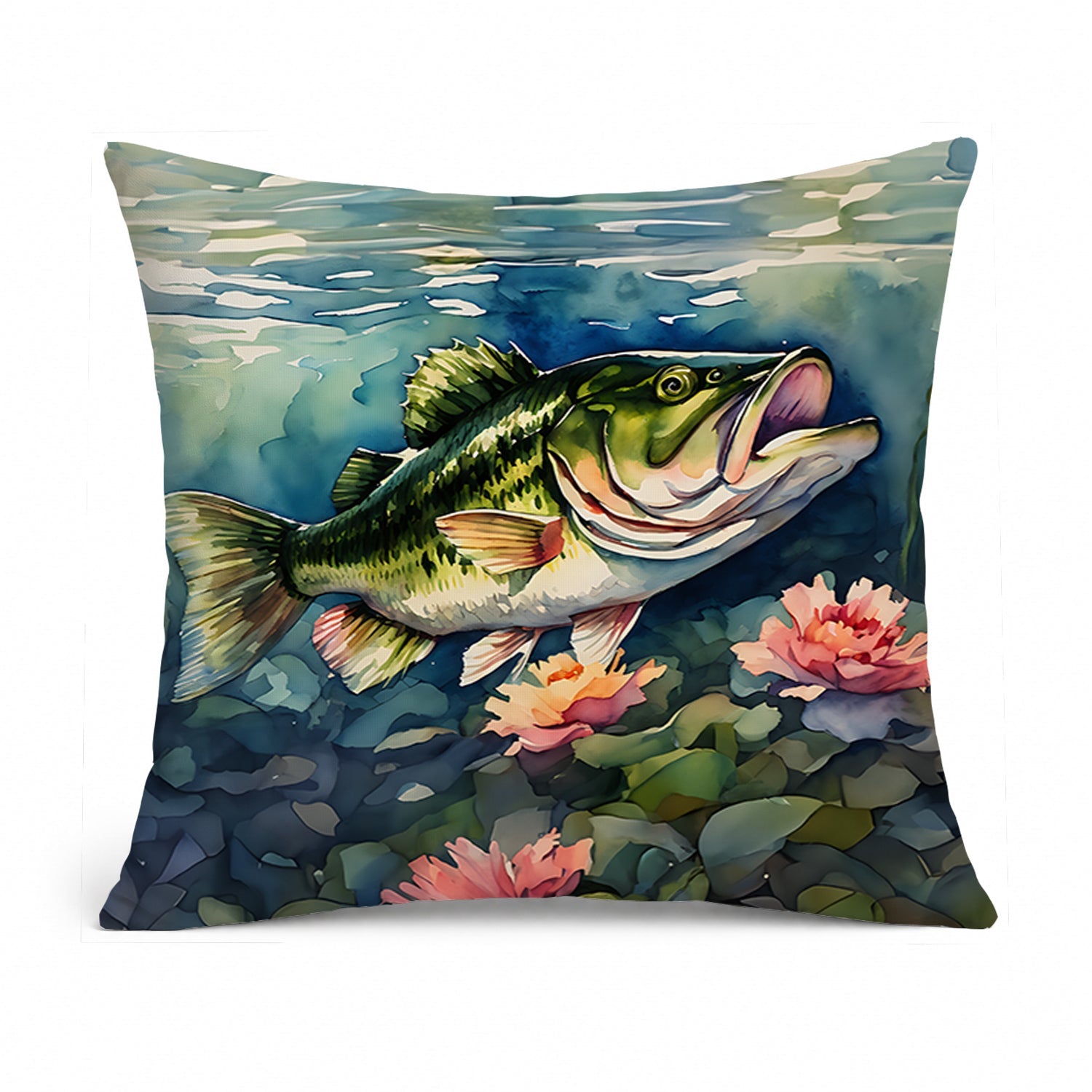 Largemouth Bass Decorative Throw Pillow 14x14 Indoor Outdoor Accent Cushion, Fabric Cover with Insert for Sofa, Bed, Porch & Living Room
