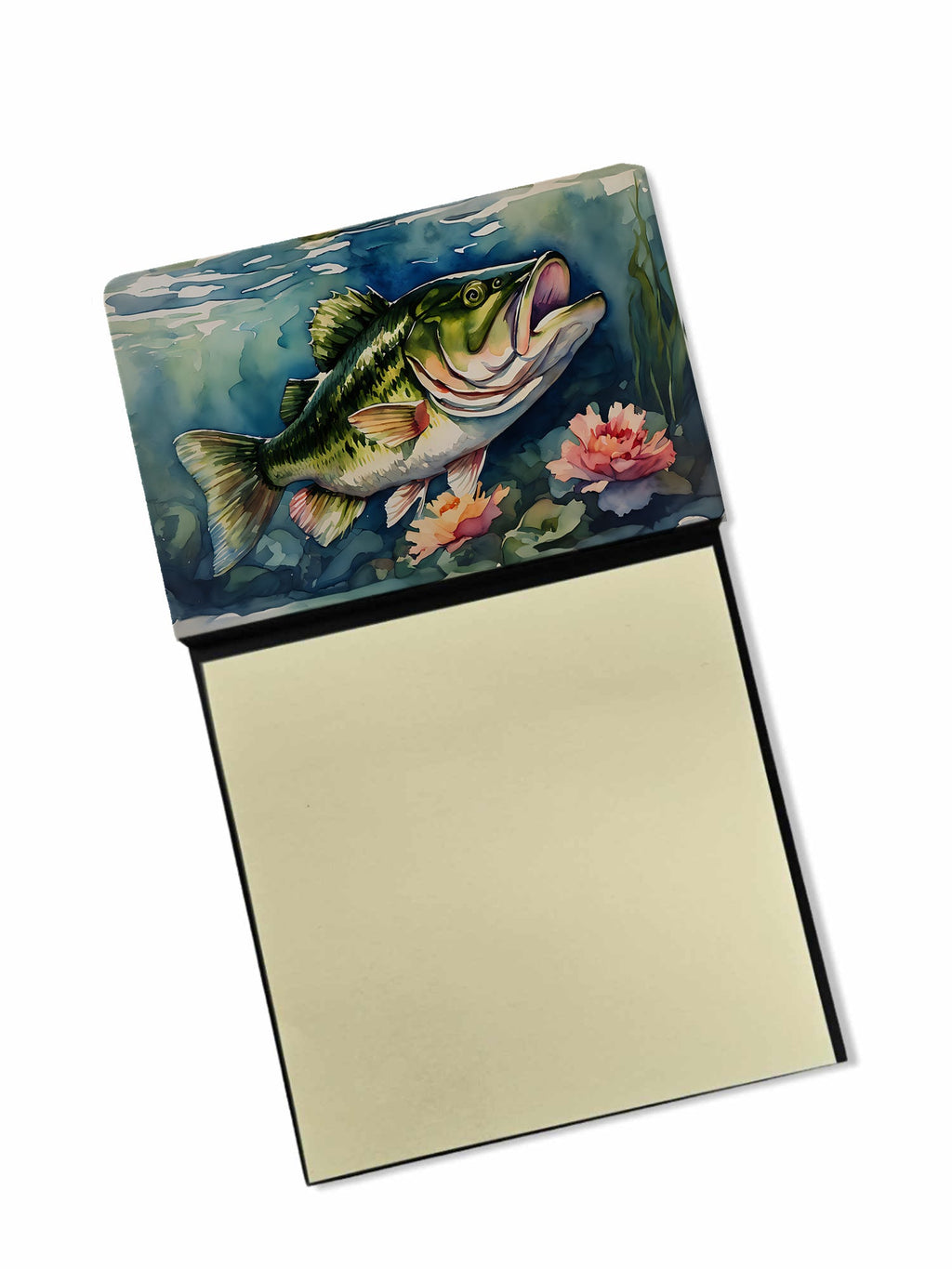 Largemouth Bass Watercolor Sticky Note Holder Refillable Dispenser Desk Accessory 3x3 Pad Gift