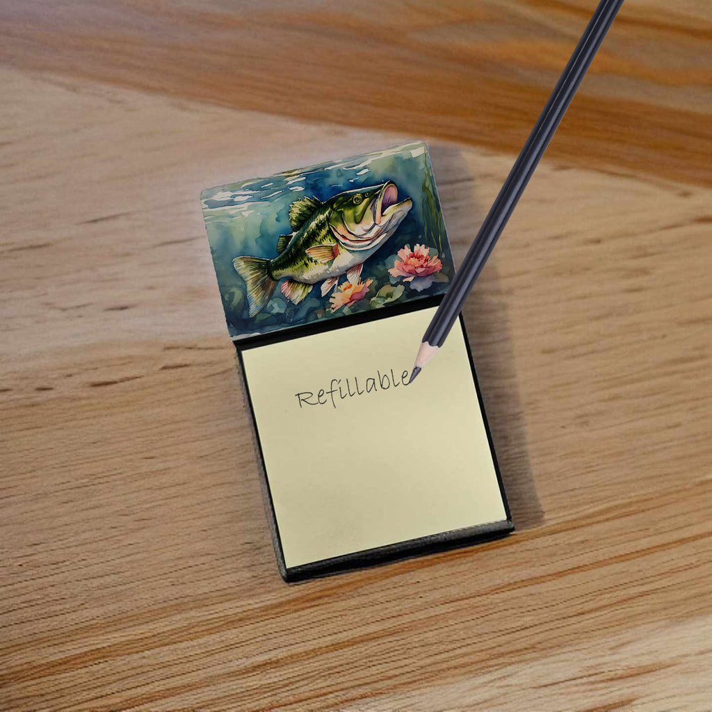 Largemouth Bass Watercolor Sticky Note Holder Refillable Dispenser Desk Accessory 3x3 Pad Gift